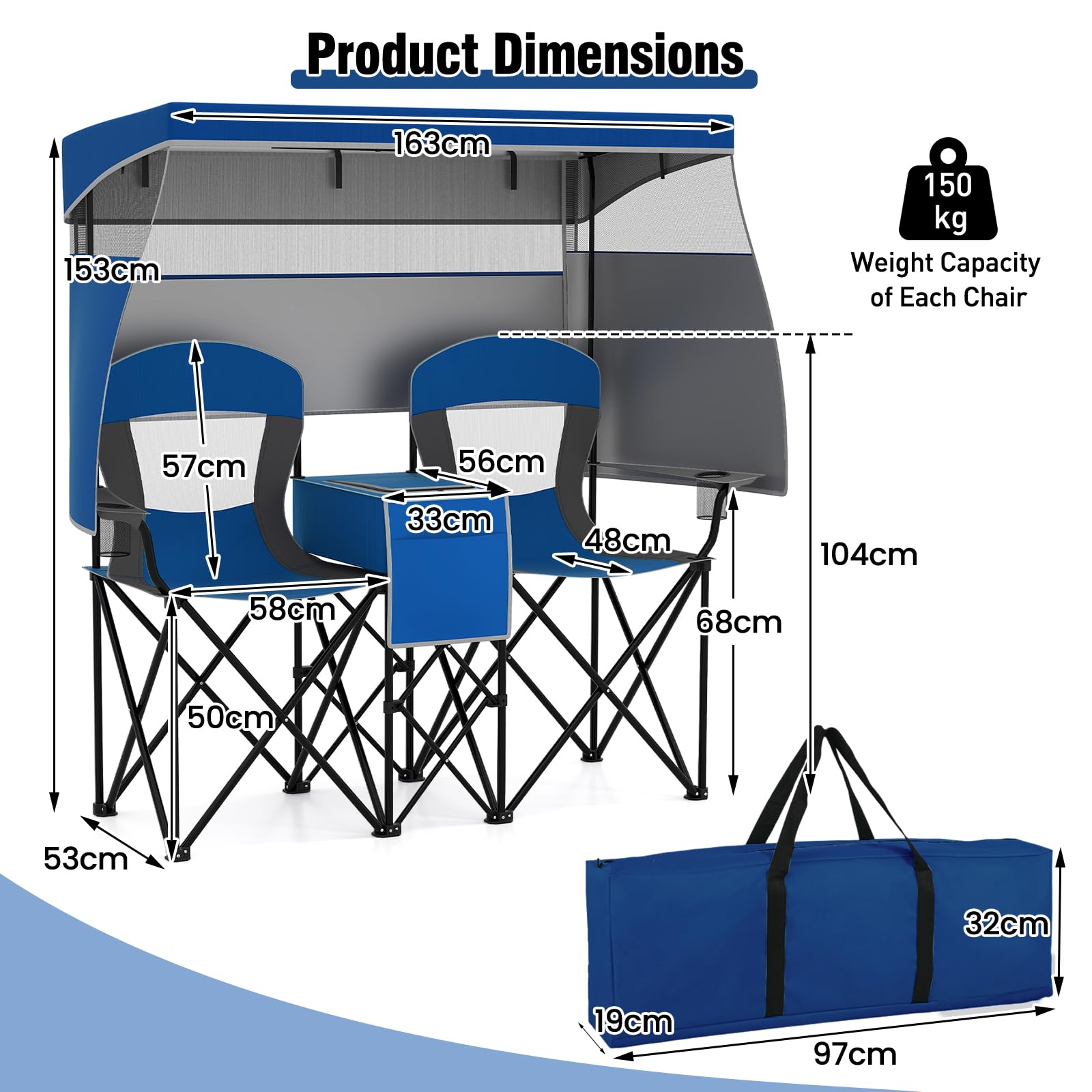 KOMFOTTEU Sedia Pieghevole da Campeggio Doppia, 2 Sedie da Esterno con Tettuccio Regolabile, Sedia da Pesca Portatile per Picnic con Borsa Termica, Portabicchiere, Borsa da Trasporto (Blu Navy)
