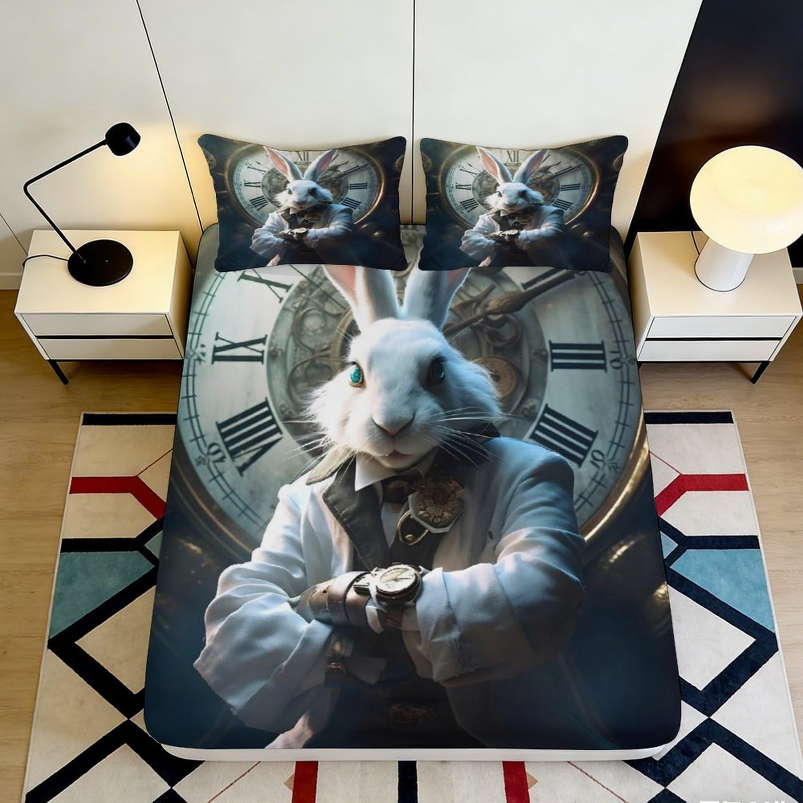 3D Printed Clock Rabbit Fitted Sheet Microfiber Deep Pocket Non-Slip Bedding Full Wrap Mattress Fitted Cover Washable 140x200x25cm