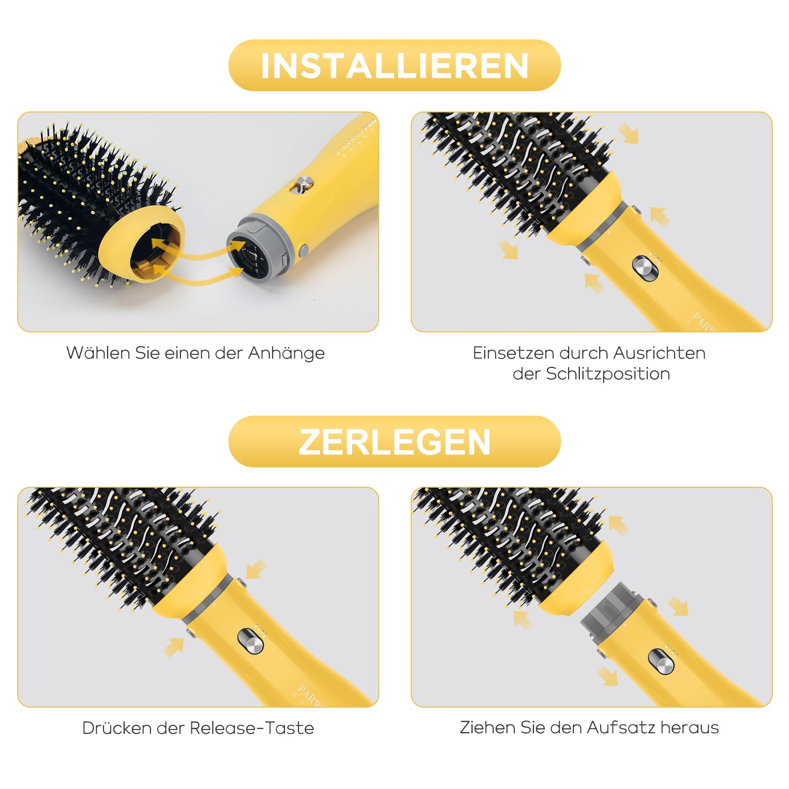 PARWIN PRO BEAUTY Zestaw szczotek do suszenia włosów 4 w 1, z 4 akcesoriami, do suszenia, wygładzania, zwiększania objętości i stylizacji, szczotka do pielęgnacji jonowej