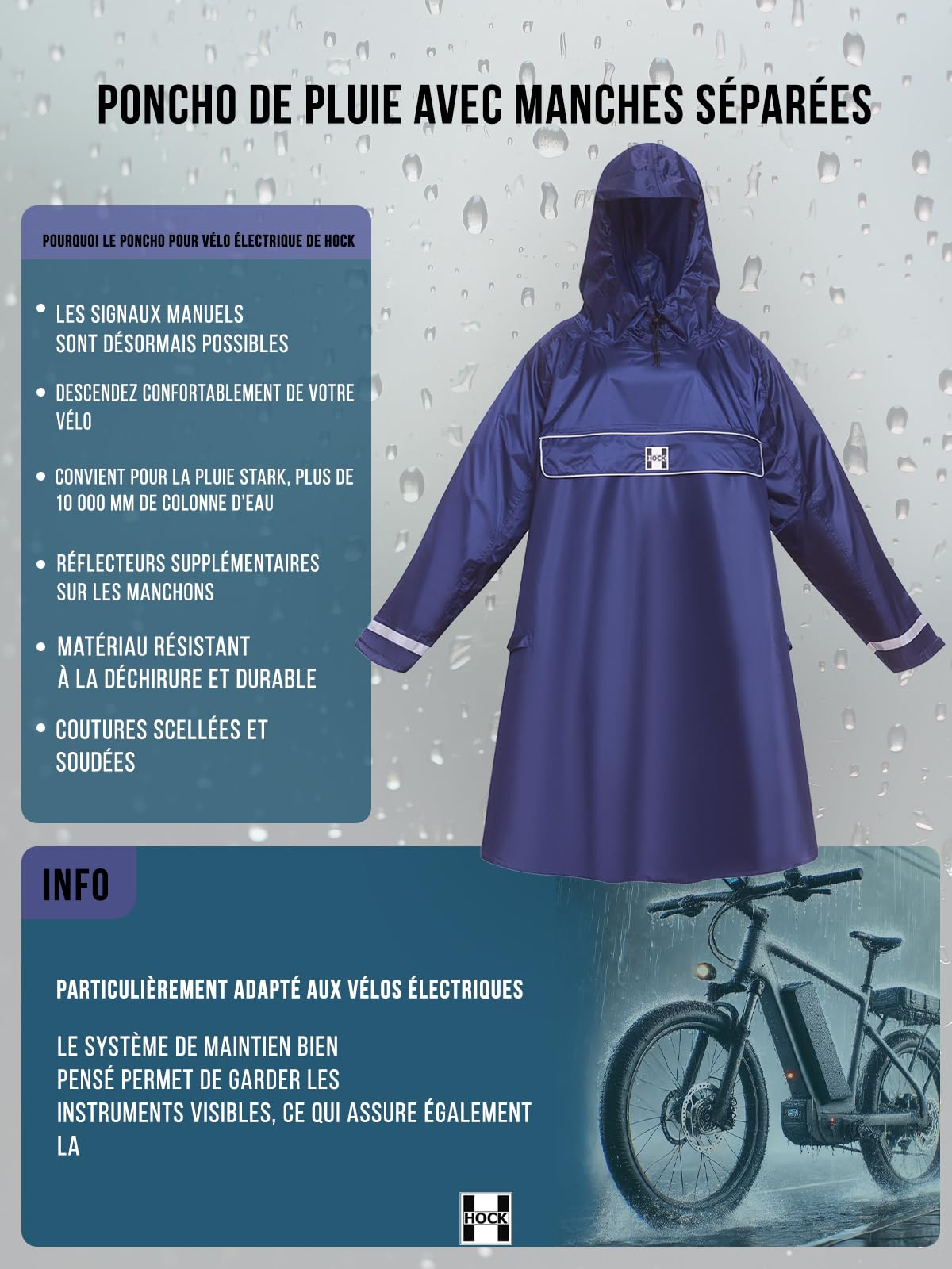 HOCK Premium Poncho E-Bike – Poncho de pluie avec manches pour vélo et E-Bike (FR/ES, Alpha/lettres, TTG, Taille normale, Taille normale, Jaune)