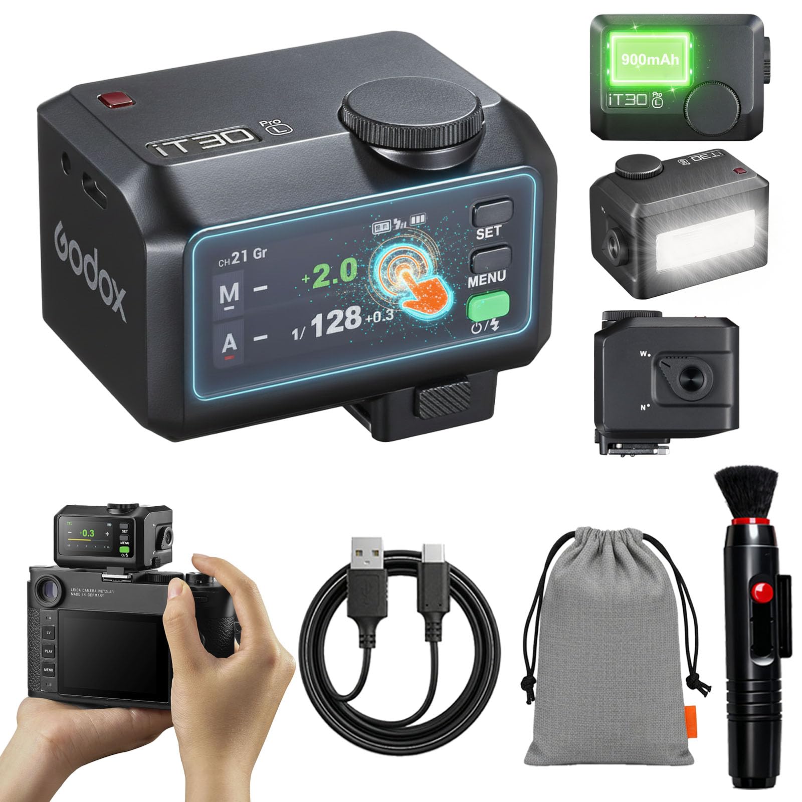 Godox iT30Pro-L iT30 Pro L Mini Flash TTL pour Appareil Photo Leica, GN15, 560 Éclairs, Recyclage 1,5 s, HSS 1/8000 s, Écran Tactile Couleur, USB-C, Système X 2,4 GHz