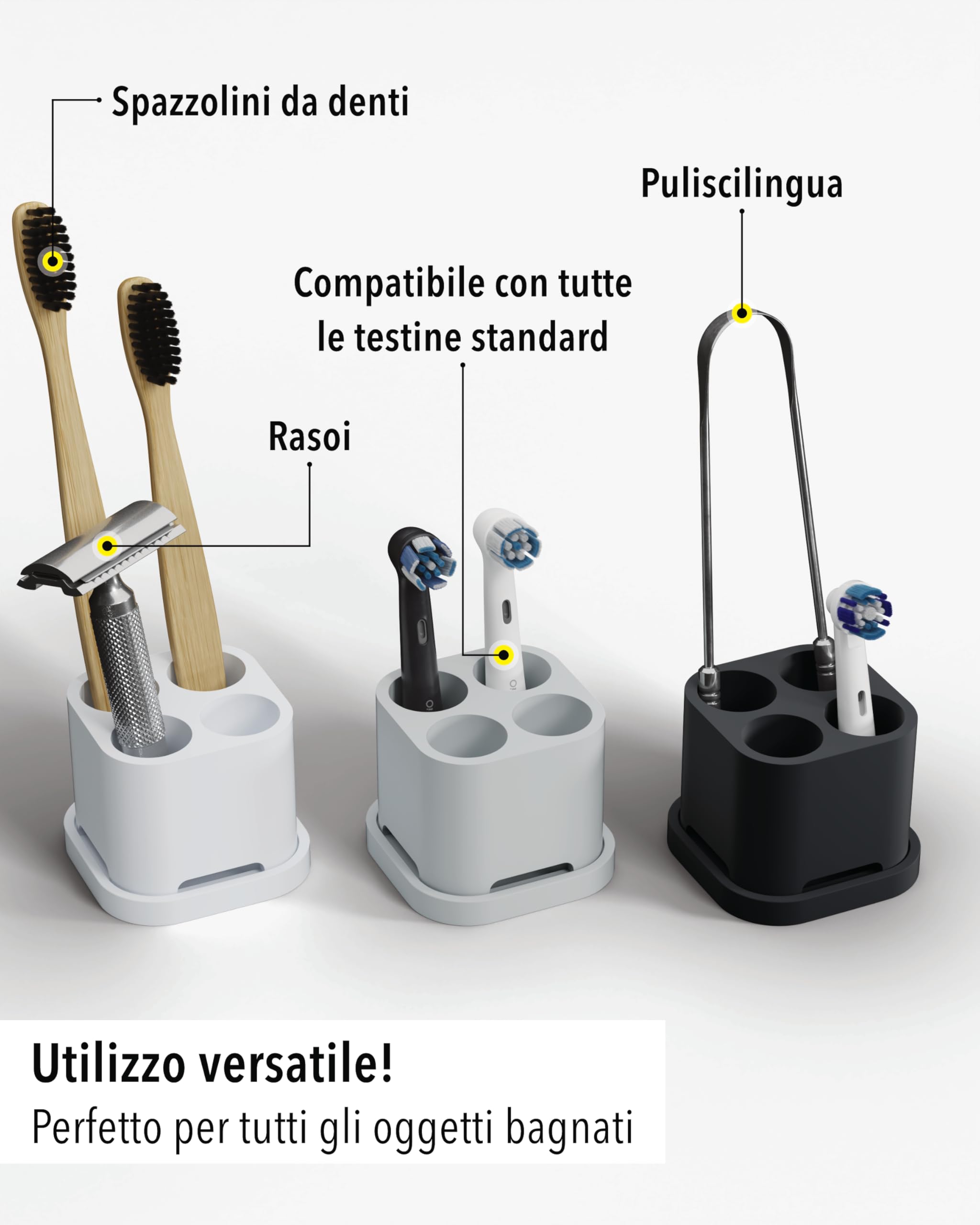 Qikfresh - Supporto per 4 testine e spazzolini elettrici - Compatibile con Oral-B, iO, Philips Sonicare, Waterpik, Fairywill - In silicone alimentare (Bianco)
