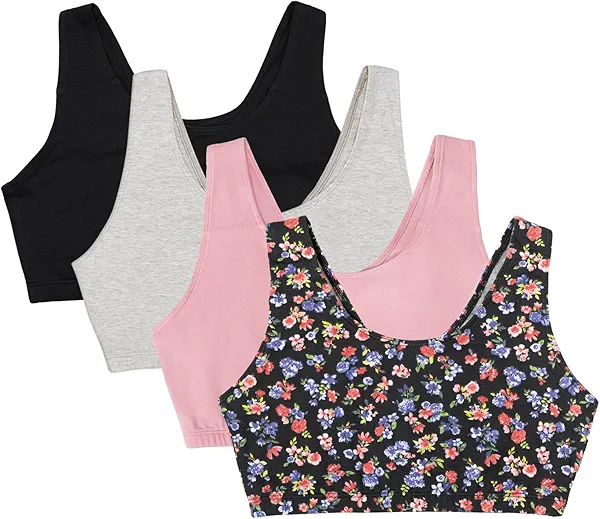 Fruit of the Loom Women's Built Up Tank Style Sports Bra Value Pack, Midnight Meadow/Lilas/Grey Heather/Black Hue