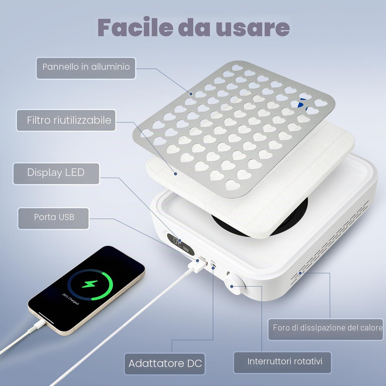 Madenia Aspiratore Ricaricabile per Unghie, 56W Aspiratore Senza Fili di Polvere per Unghie con 2 Filtri e 1 Spazzola, Professionale Collettore di Polveri per Unghie Gel Acrilico, Bianco