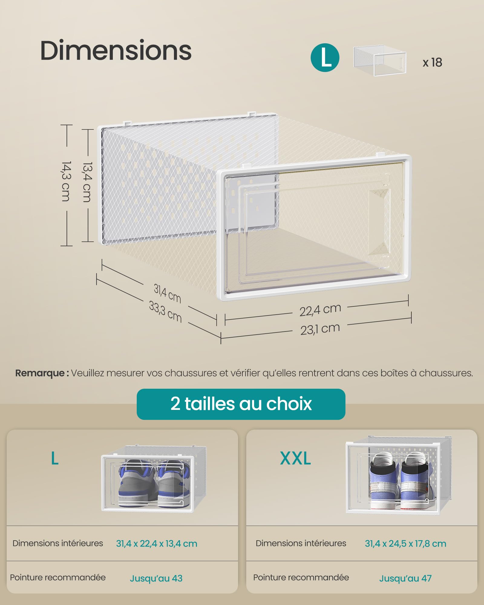 SONGMICS Boîtes à Chaussures, Rangement Chaussures en Plastique, Pliables et Empilables, pour Pointure Jusqu’à 43, Lot de 18, Transparent et Blanc Nuage LSP066W18