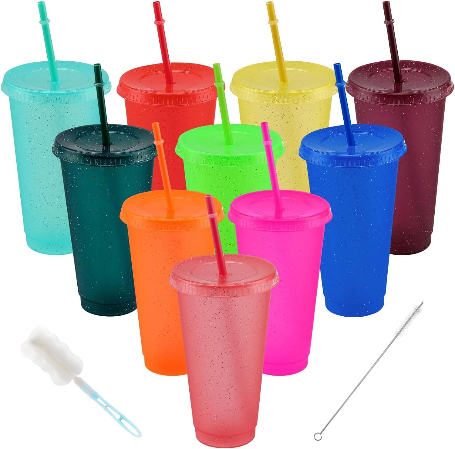 DGHOME10 Pcs Reusable Plastic Cups with Lids and Straws, 10 Different Color Cold Drink Cups, Travel Iced Coffee Cups with Lid, Colourful Glitter Iced Cold Drinking for Kids Adult, 24oz
