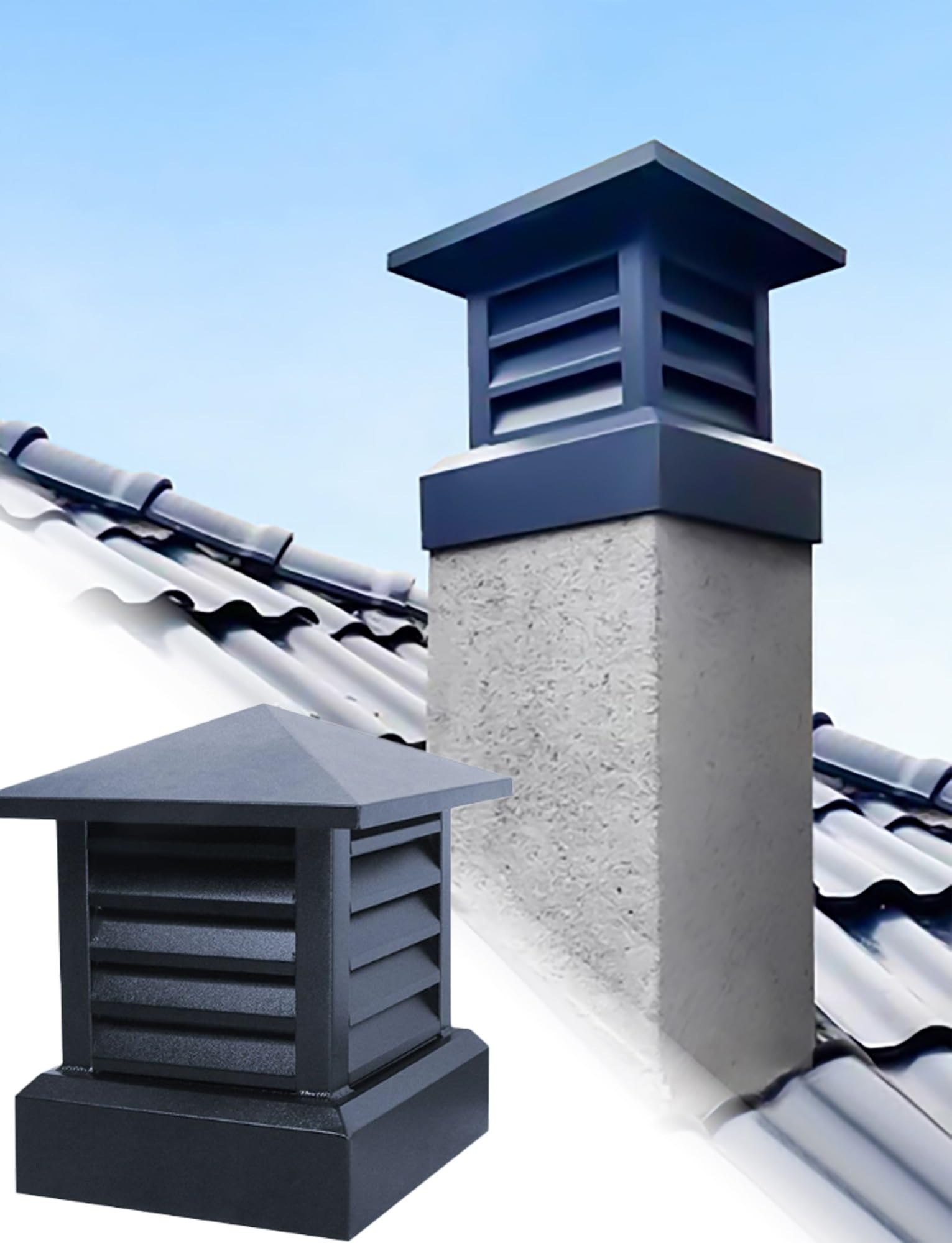 MYXJGNAIY Aluminum Chimney Cap - Square Fireplace Flue Cover with Sloped Louvre Design, Rustproof Outdoor Chimney Top for Villa & Home Ventilation(24in/60cm)