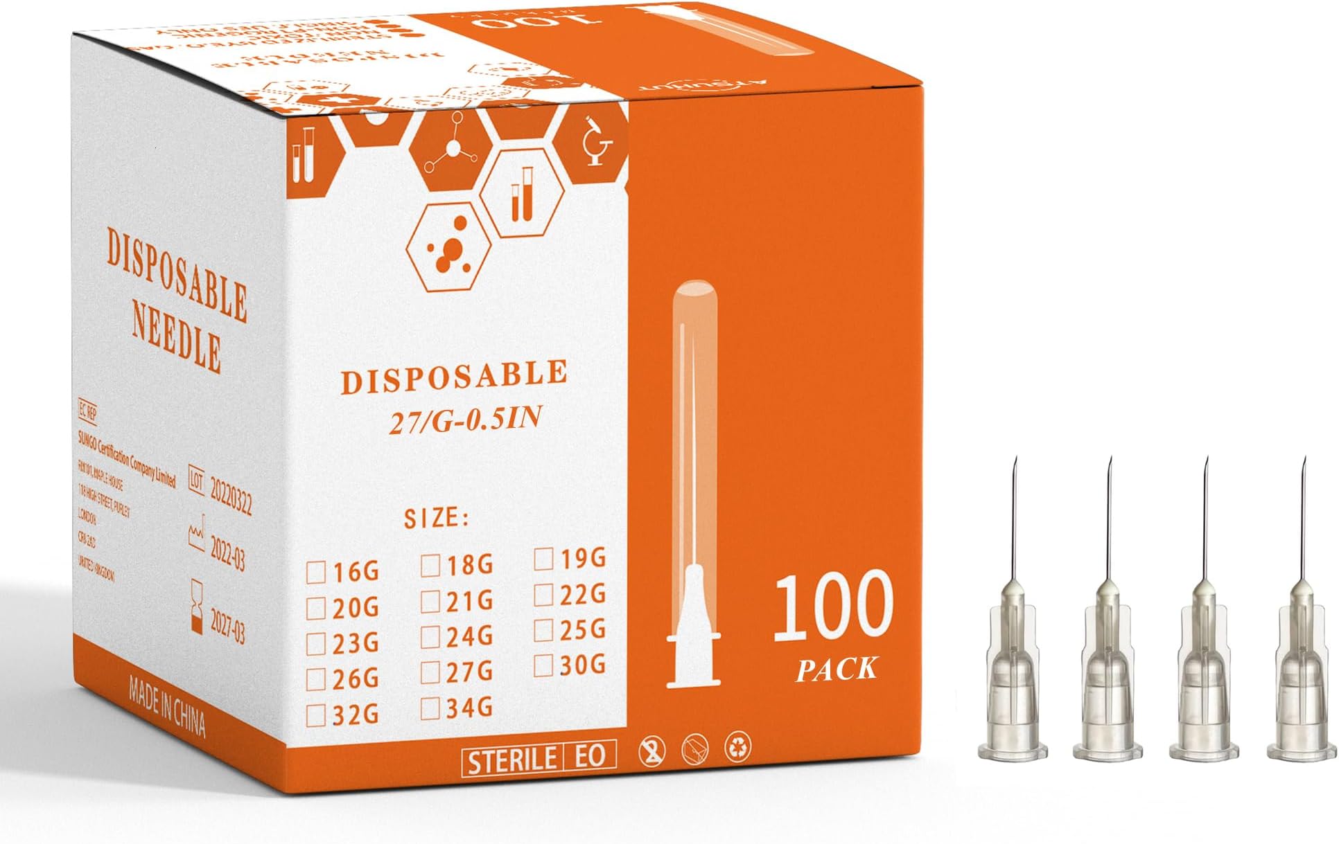 Disposable Luer Lock Needle 100Pack (27G-0.5IN)