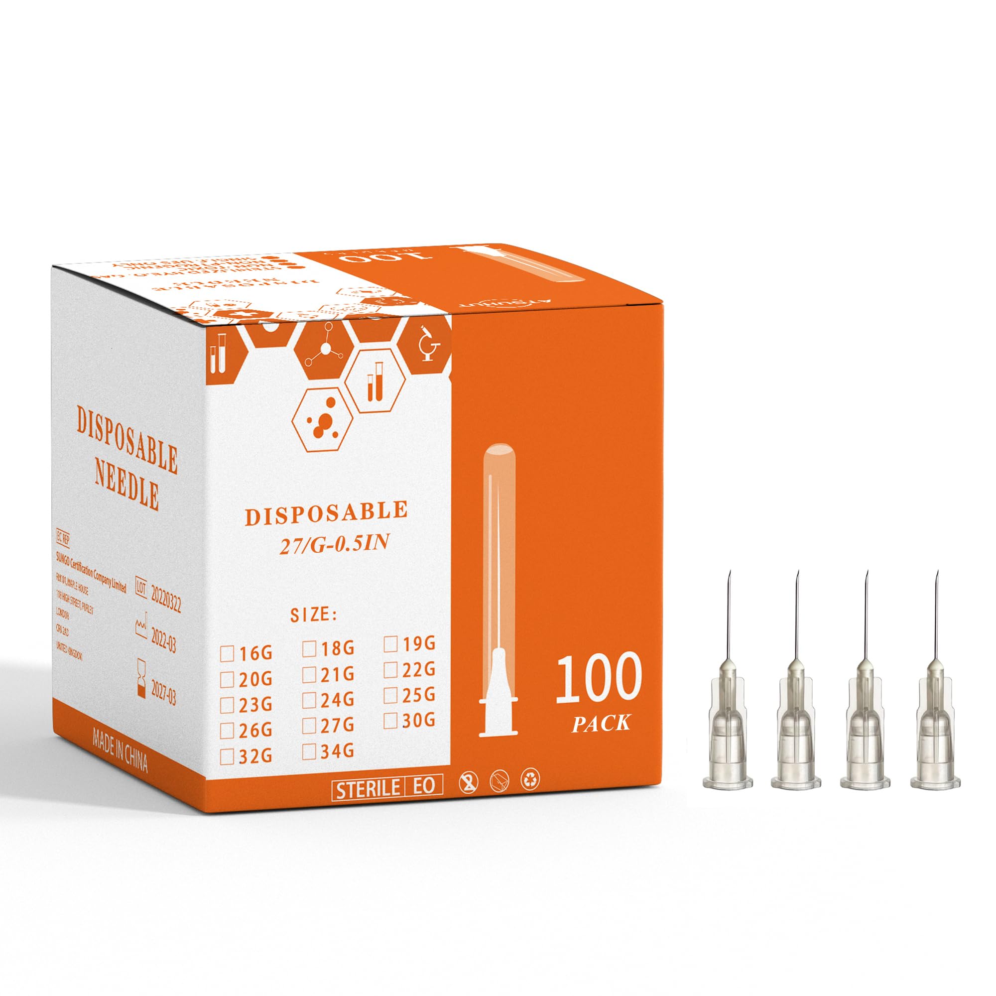 Disposable Luer Lock Needle 100Pack (27G-0.5IN)