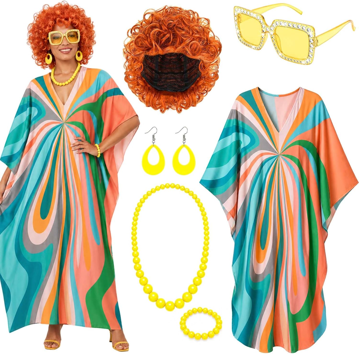 6 Pcs Women's Landlady Costume Curly Wig Caftan Dress Bead Jewelry and Glasses for Halloween Luau Cruise Party