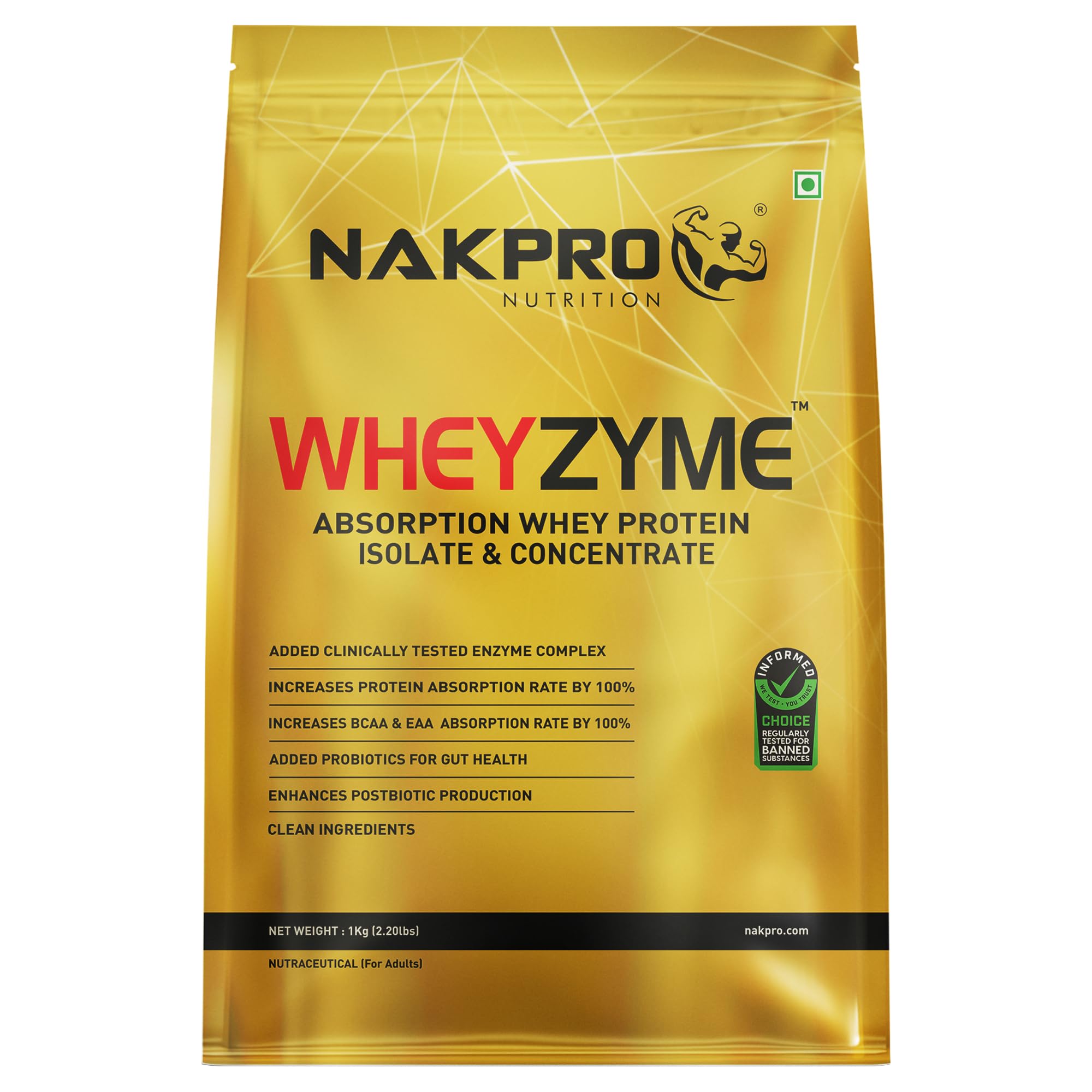 NAKPRO WheyZyme Whey Protein Powder, Isolate & Concentrate | 26g of protein per serving | Clinally Tested 100% Higher Protein Absorptio Informed Choice (1kg, Double Rich Chocolate)