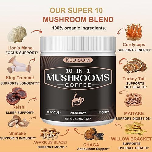 Miniatura 2 de Café de hongos 10 en 1, café instantáneo de hongos en polvo con melena de león, Cordyceps, Reishi, Shiitake, cola de pavo, trompeta King, para