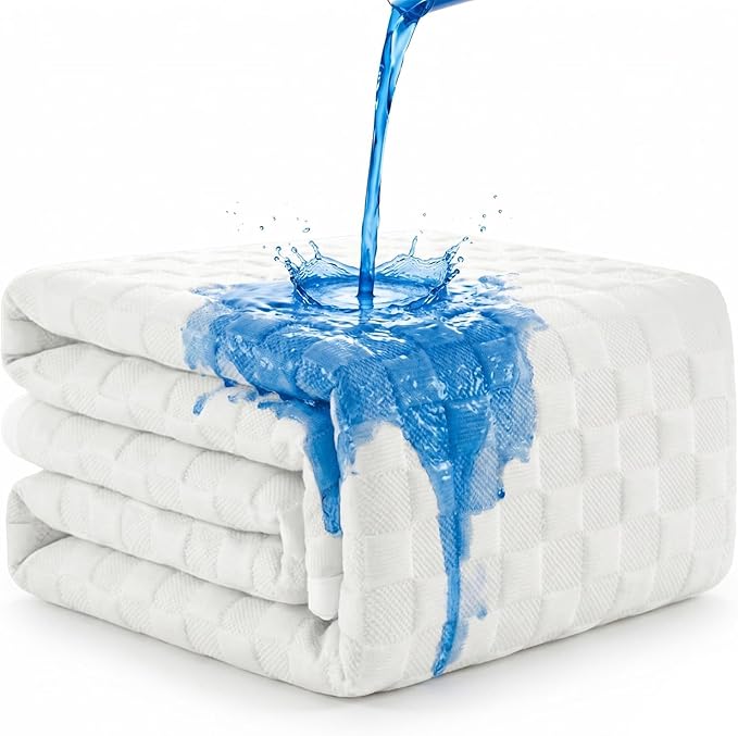 Waterproof Mattress Protector with Deep Pocket, 3D Waffle Bed Cover, Soft OCS-Certified Organic Cotton Blend, Moisture-Wicking, Noiseless (White, King)