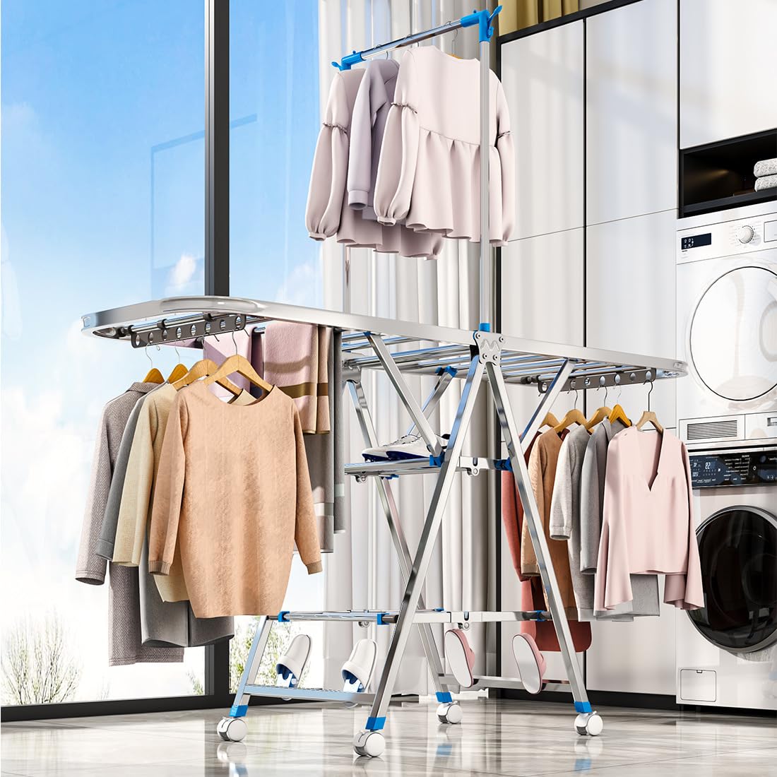 Strayelf 3 Tier Foldable Drying Rack,Stainless Steel Clothes Drying Rack, Clothing Hanger Stand For Drying Clothing Indoor Outdoor, with Height-Adjustable Wings, 33 Drying Rails, Sock Clip