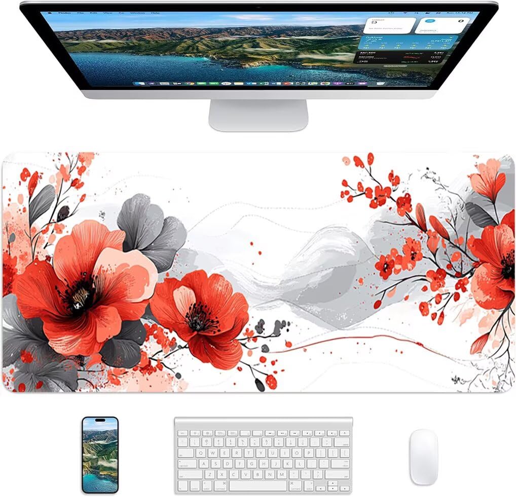 Wxuaixnn Fiore Tappetino per Mouse Gaming XXL, 160x80cm Tappetino da Scrivania, Bianco Mousepad con Bordi Cuciti per Gamer e computer portatilea, Migliora la Precisione e la velocità -9731