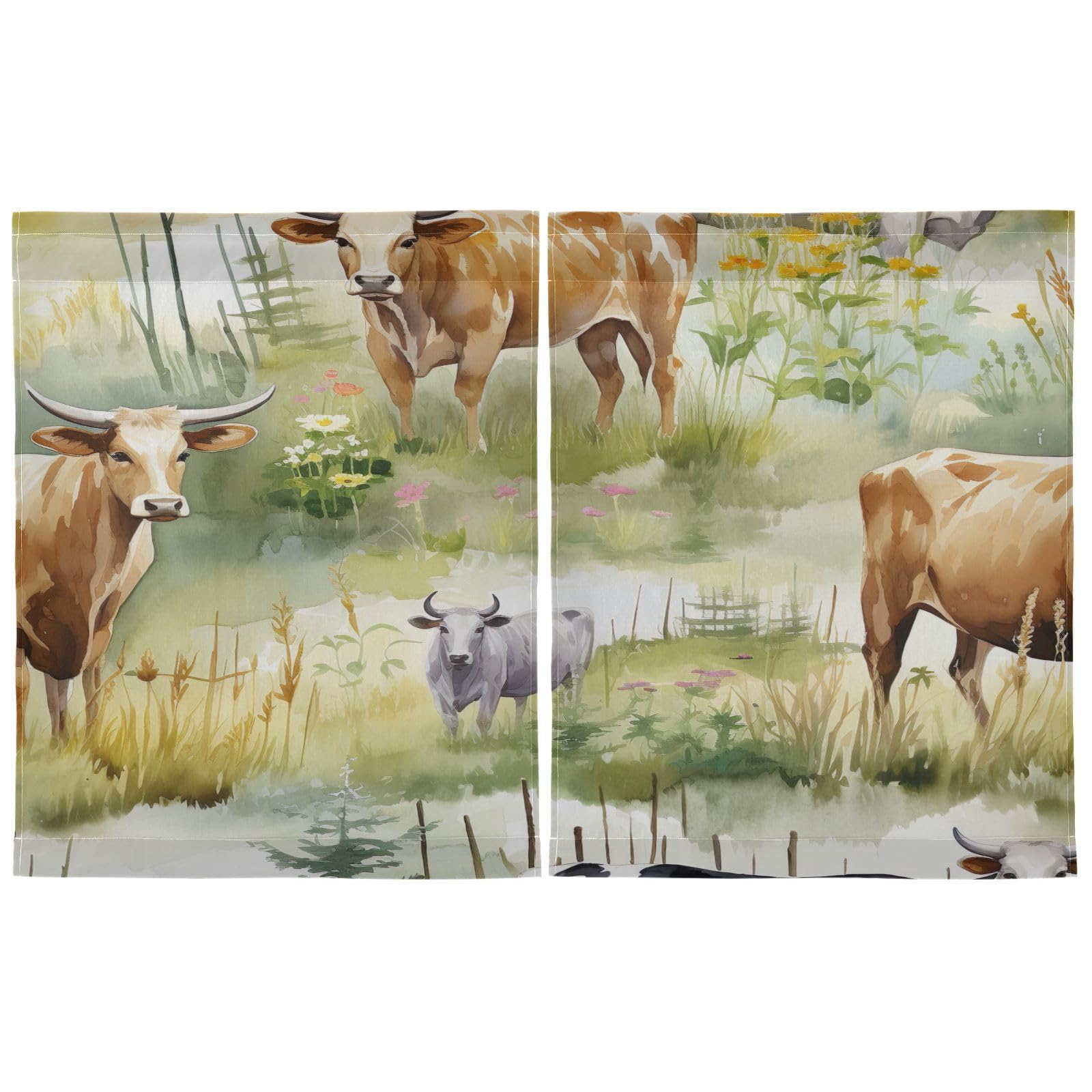 J JOYSAY Watercolor Cow Grass Kitchen Curtains 36 inch Short Tier Curtains for Small Windows Half Window Treatments for Bedroom Living Room 2 Panels