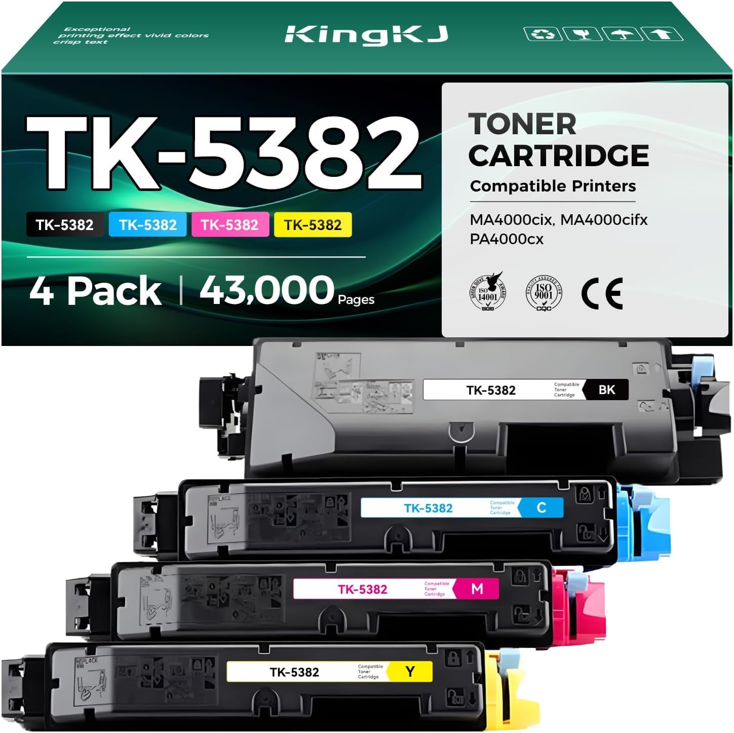 TK-5382 TK5382 Toner Cartridges 4-Pack High Yield Replacement for Kyocera TK-5382K TK-5382C TK-5382M TK-5382Y Compatible with Kyocera ECOSYS PA4000cx MA4000cix MA4000cifx Laser Printers Copy Ink CMKY