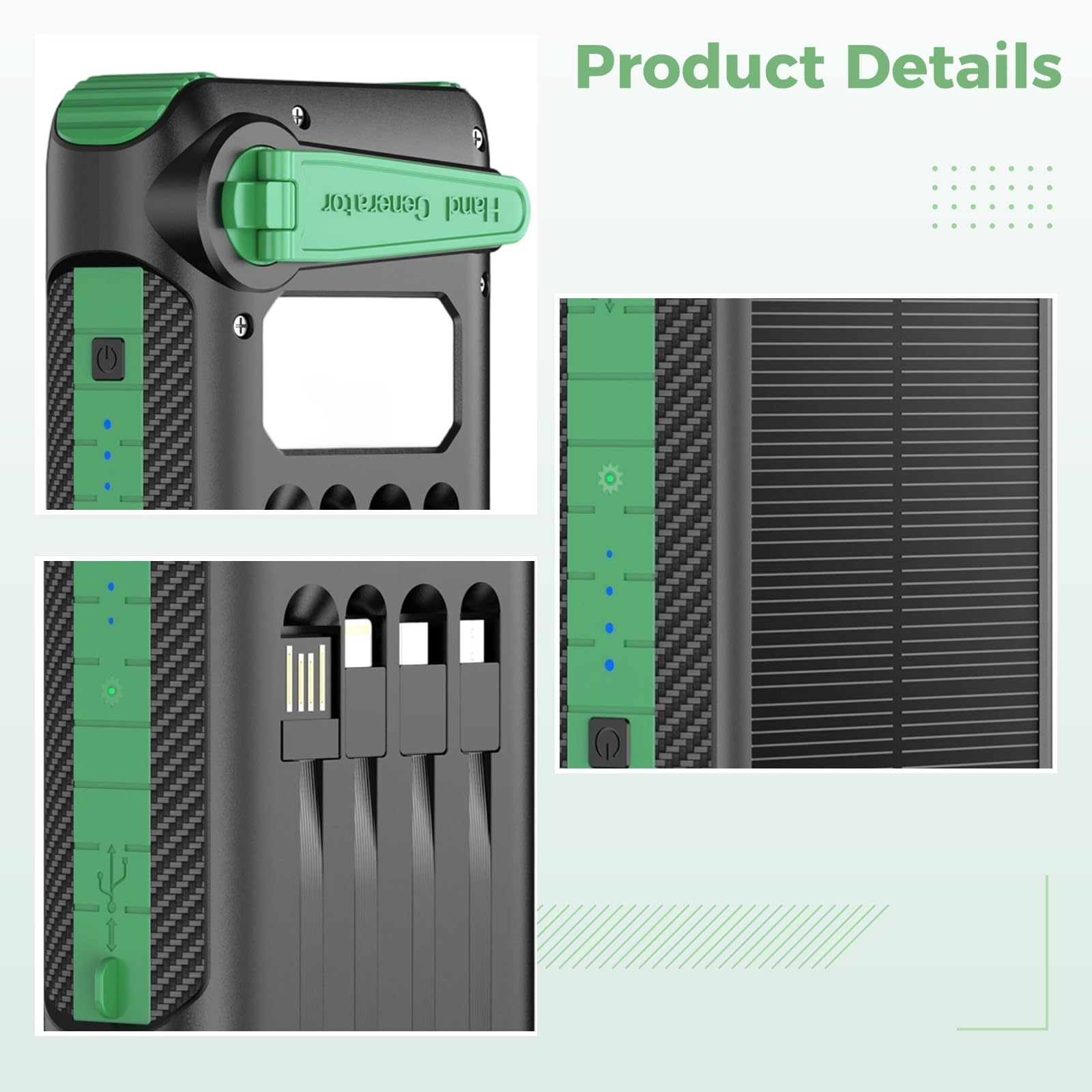 Power Bank da 20000 mAh, caricatore portatile con generatore a manovella, ricarica rapida, 3 cavi di uscita, torcia a LED, luce da campeggio, certificata UKCA per campeggio all'aperto