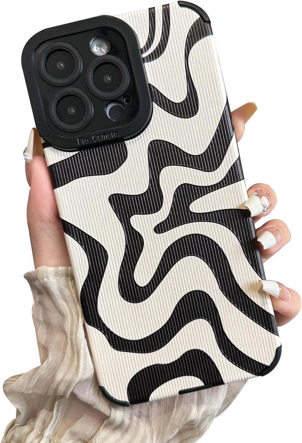 Designed for iPhone 13 Pro Max Phone Case, Soft PU Leather TPU and Cute Art Wavy Painted for Women Girls, Slim Protective Shockproof Compatible with iPhone Case (Beige, iPhone 13 Pro Max)