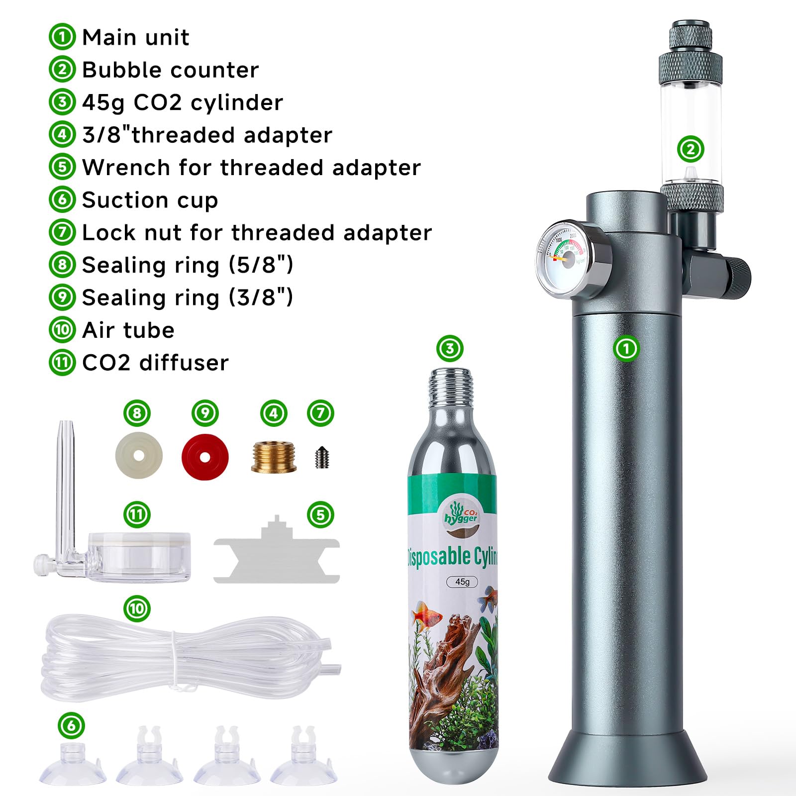 Sistema completo de CO2 para acuarios, regulador de CO2 de escritorio con cartucho de CO2 desechable de 45 g, compatible con rosca de 5/8 pulgadas y 3/8 pulgadas para nano acuarios
