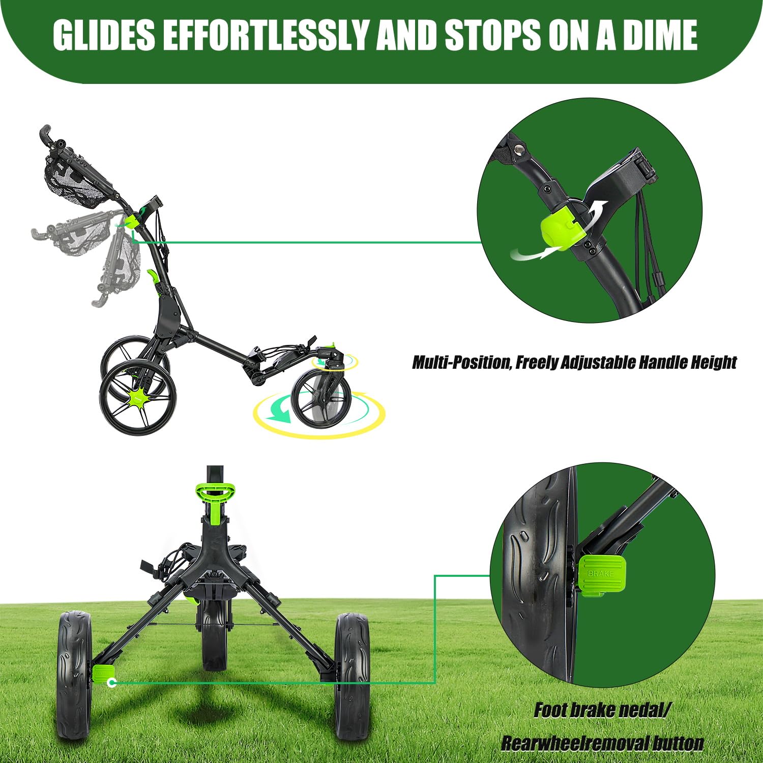XDriveMax GC03 - Carro de golf giratorio 360 con 3 ruedas, plegable, con soporte para paraguas y compartimento de almacenamiento premium (verde)