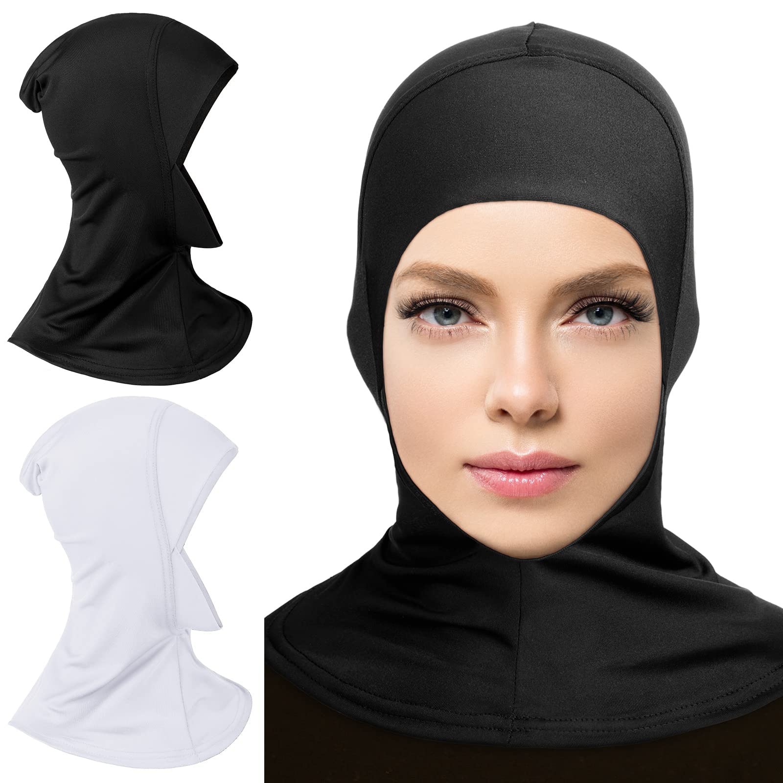 2 Pieces Modal Hijab Cap Adjustable Muslim Stretchy Turban Full Cover Shawl Under cap Full Neck Coverage for Women White Black Delicate Style, One Size