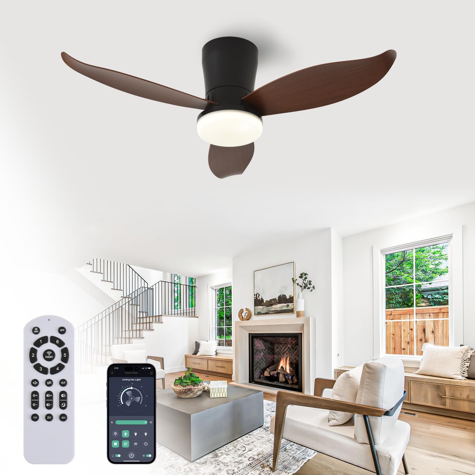 LEONTYNE 37" Ceiling Fan with Light, APP & Remote, Dimmable LED 3000K-6500K — image 1