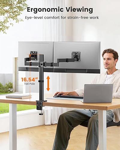 Miniatura 4 de ErGear Soporte de monitor doble para 17 a 32 pulgadas, soporte de monitor doble con inclinación ajustable, giro, rotación, brazos escalonados para