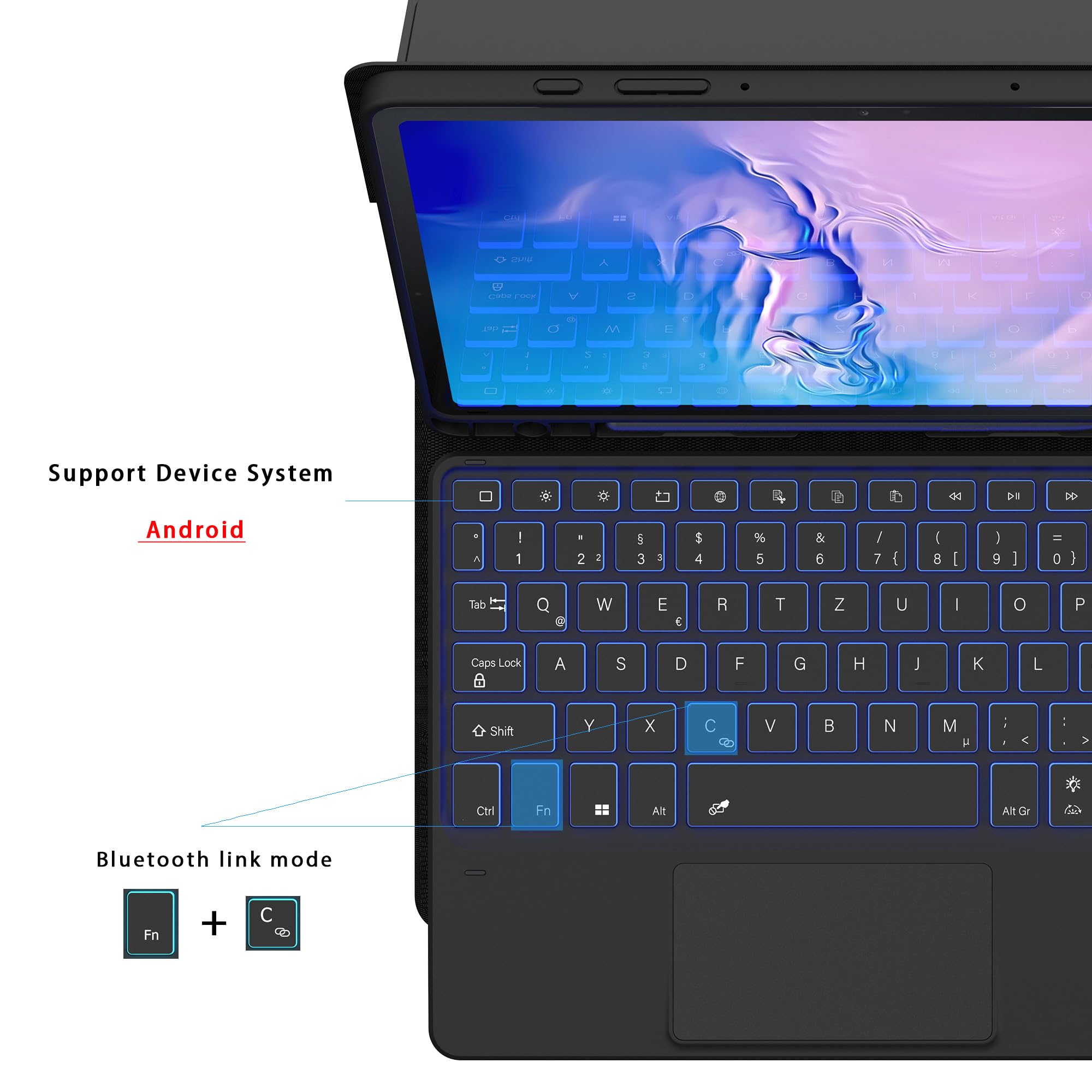 Etui na klawiaturę do Samsung Galaxy Tab S9 FE - 7 kolorowych oświetlenia touchpad tablet Cover z uchwytem na długopis - podświetlana klawiatura niemiecka QWERTZ Layout