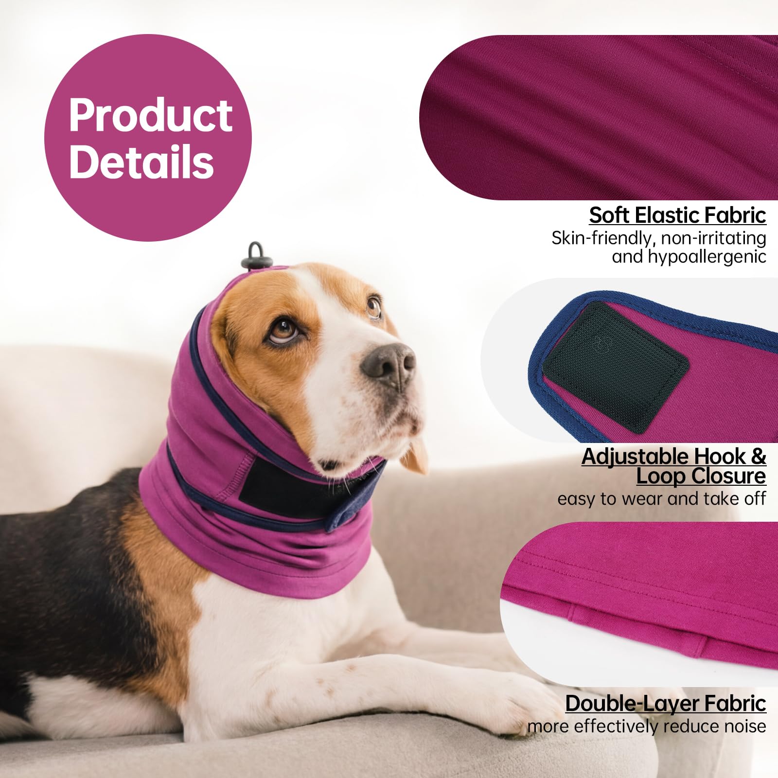 IDOMIK Dog Ear Muffs Noise Protection, Dog Calming Hoodie for Anxiety Relief, Soft Double-Layer No Shake Head Wraps, Quiet Ear Covers for Thunderstorm, Firework, Bath, Grooming & Blow Drying,Purple,M - 4