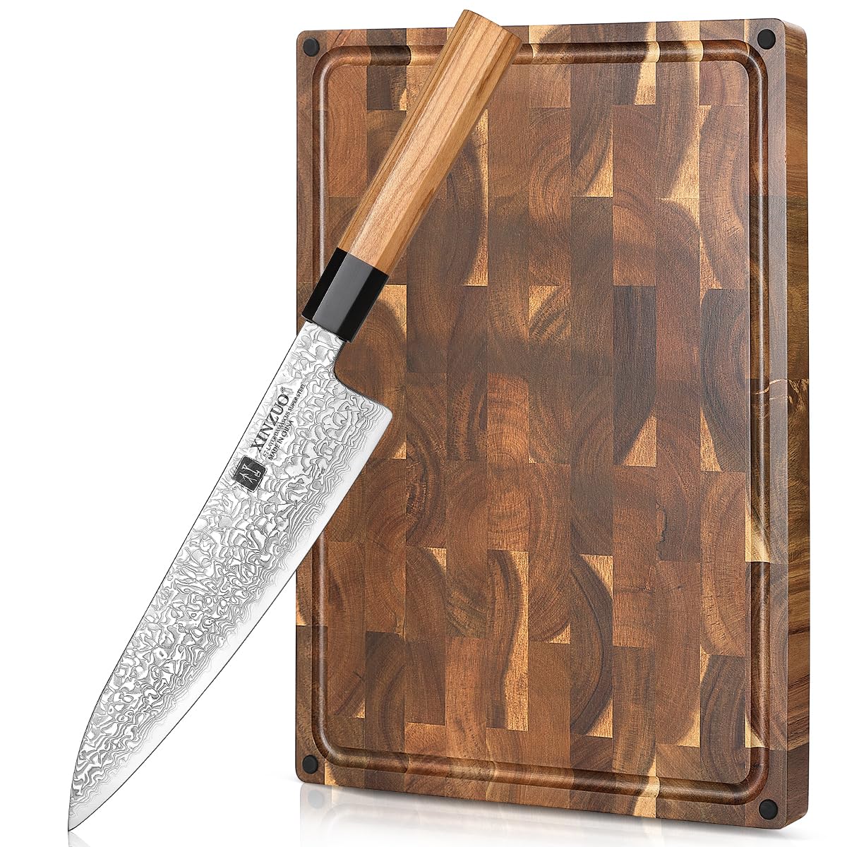 Couteau de chef Damas XINZUO en bois d'olivier et sa planche en acacia épaisse