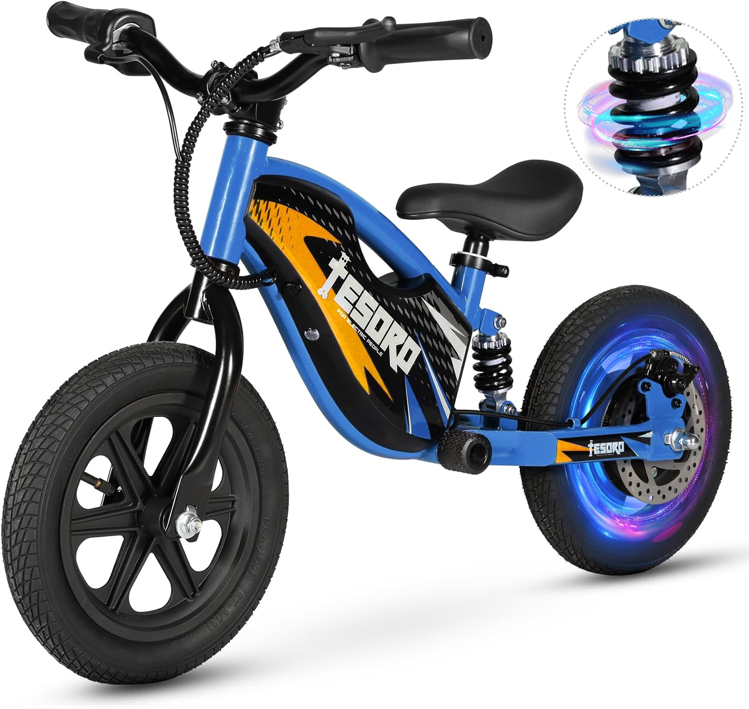 TESORO 2 in 1 Electric Balance Bike 3-6, 24V 150W Electric Bike for Kids, 9.3MPH Kids Electric Dirt Bike with Adjustable Speed, 12” Electric Motorcycle for Kid, Rear Shock Absorber Blue Balance Bike
