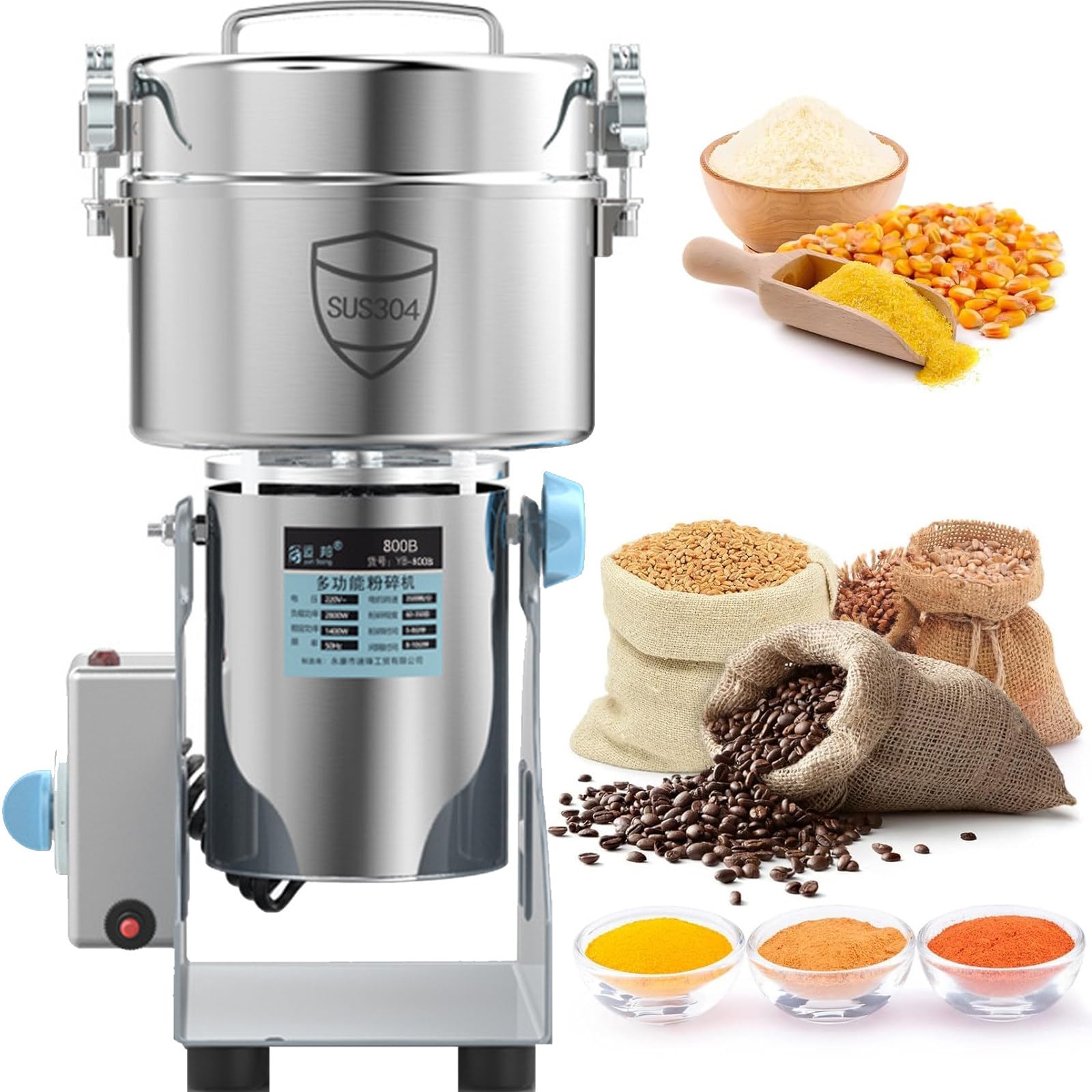 Molino eléctrico Grano Molinillo eléctrico Acero Inoxidable 1500 g a 4500 g con Motor Comercial 3100W 32000rpm para Frutos Secos y Cereales, con protección contra sobrecarga. 4500g