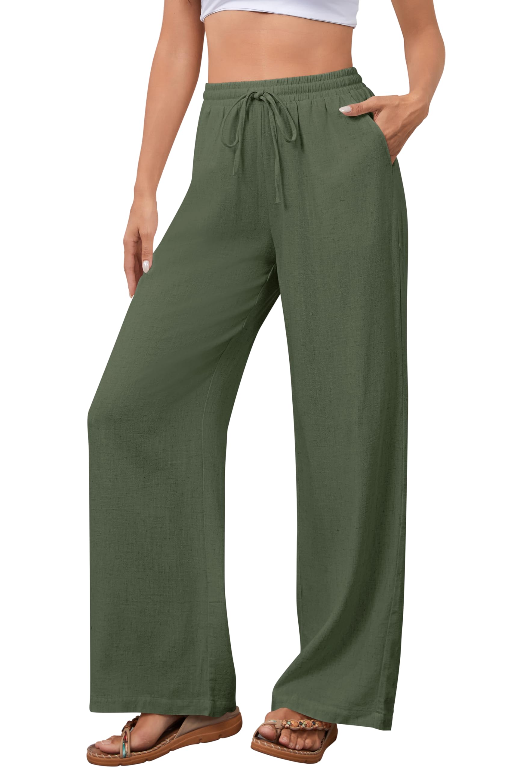 NONSAR Hose Damen Baumwoll Freizeithose mit Kordelzug Leinenhose Elastischem Bund Casual Loose Fit Hosen Frauen Weitem Bein mit Taschen Leicht Einfarbig Hosen Musselin Strandhose(9377Armeegrün,L)