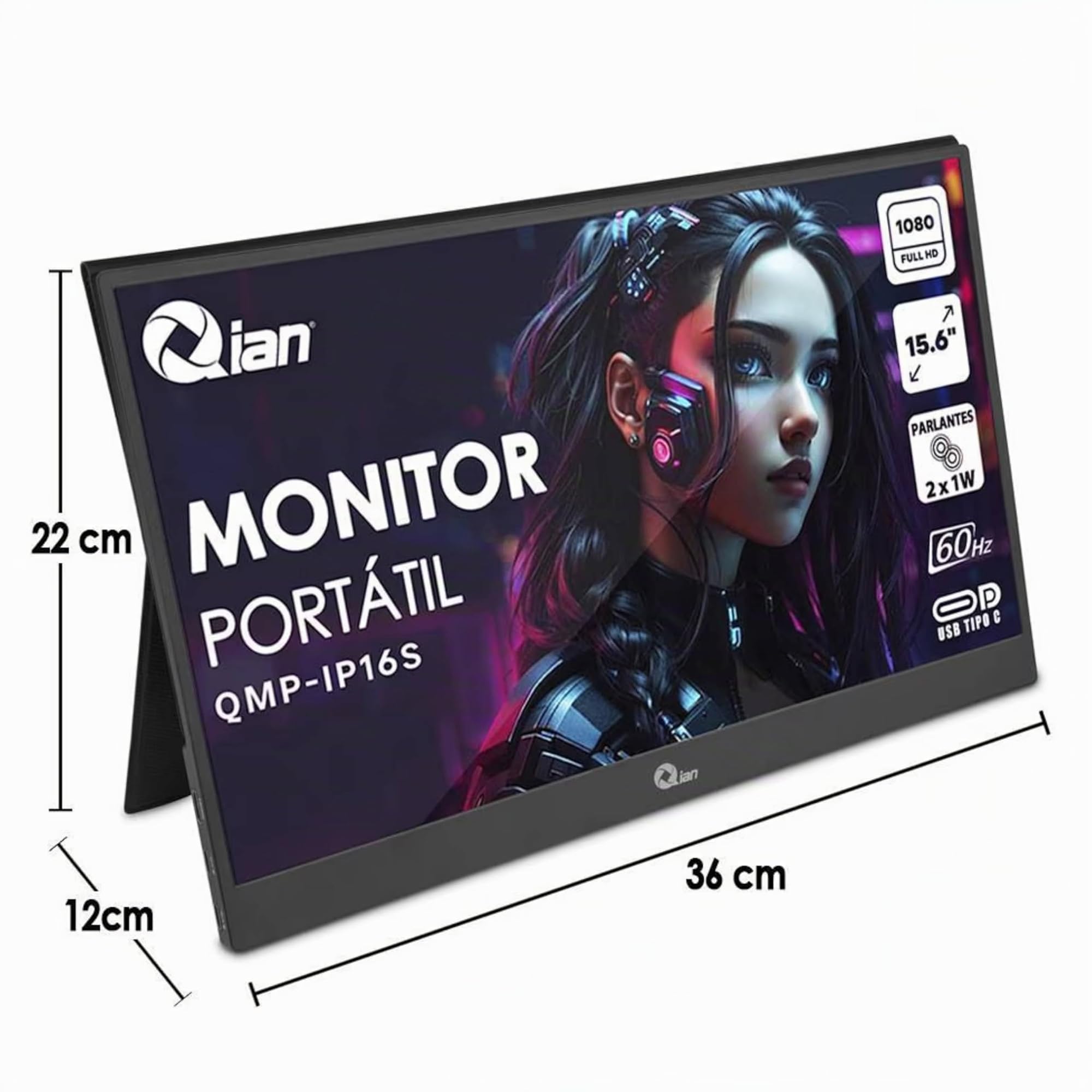 Qian Monitor Portátil IPS Full HD de 15,6" a 60Hz 1920 × 1080 con Soporte, Altavoces Duales, Segunda Pantalla Ultradelgada para Ordenador Portátil/PC/Mac/PS3/4/5/Xbox