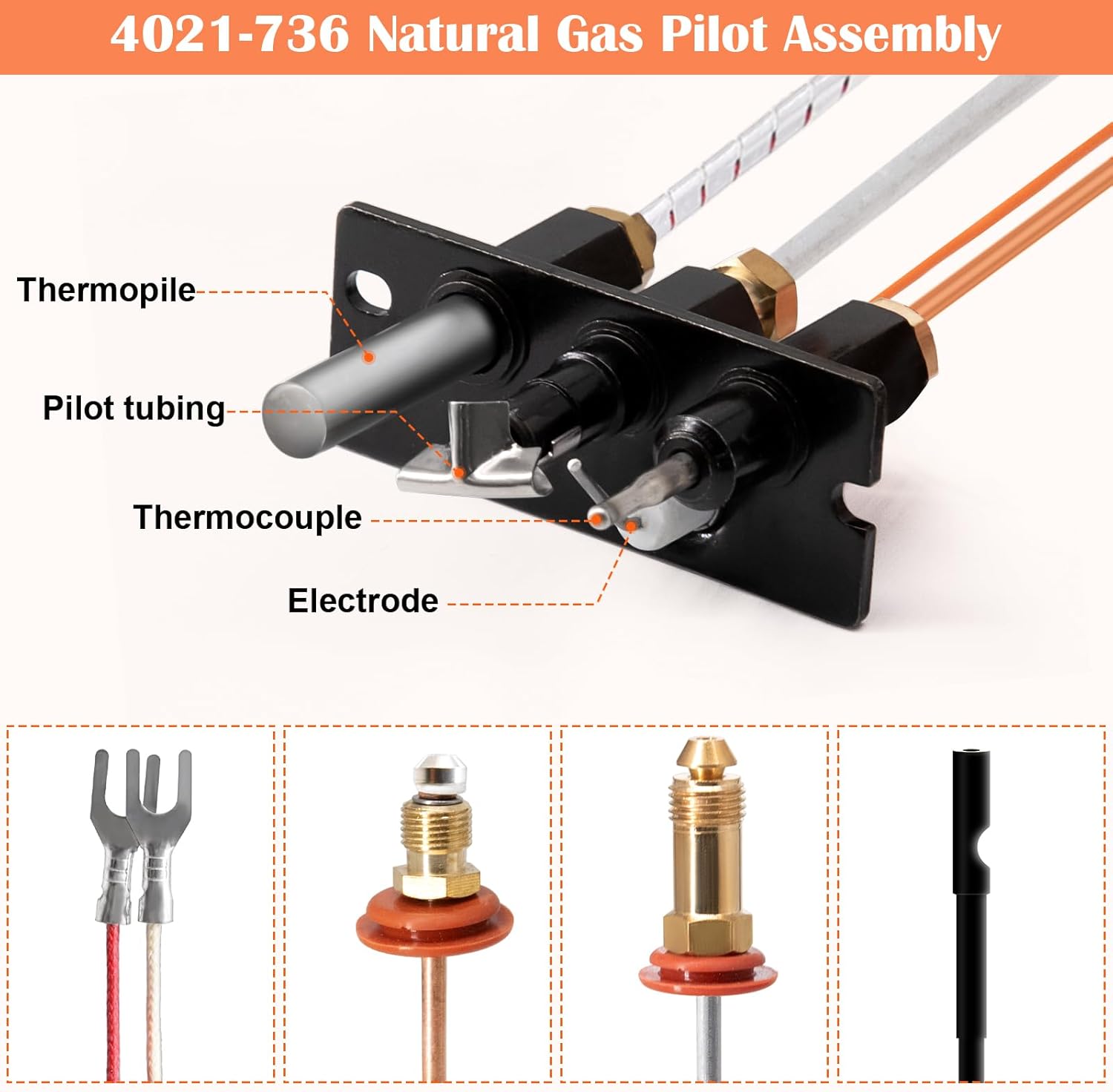 Hiorucet 4021-736 Natural Gas (NG) Pilot Assembly Kits for Heatilator, Heat N Glo, Quadrafire Fireplaces Parts, Heat N Glo 485-510A Pilot Assembly with Thermocouple, Thermopile and Pilot Tubing.