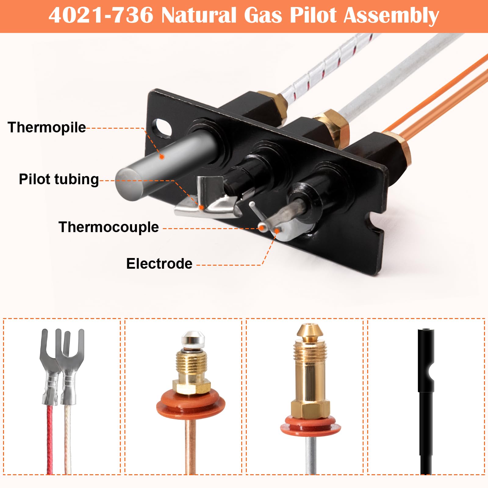 Hiorucet 4021-736 Kits de montaje piloto de gas natural (NG) para calentador, Heat N Glo, piezas de chimeneas Quadrafire, montaje piloto Heat N Glo 485-510A con termopar, termopila y tubo piloto.