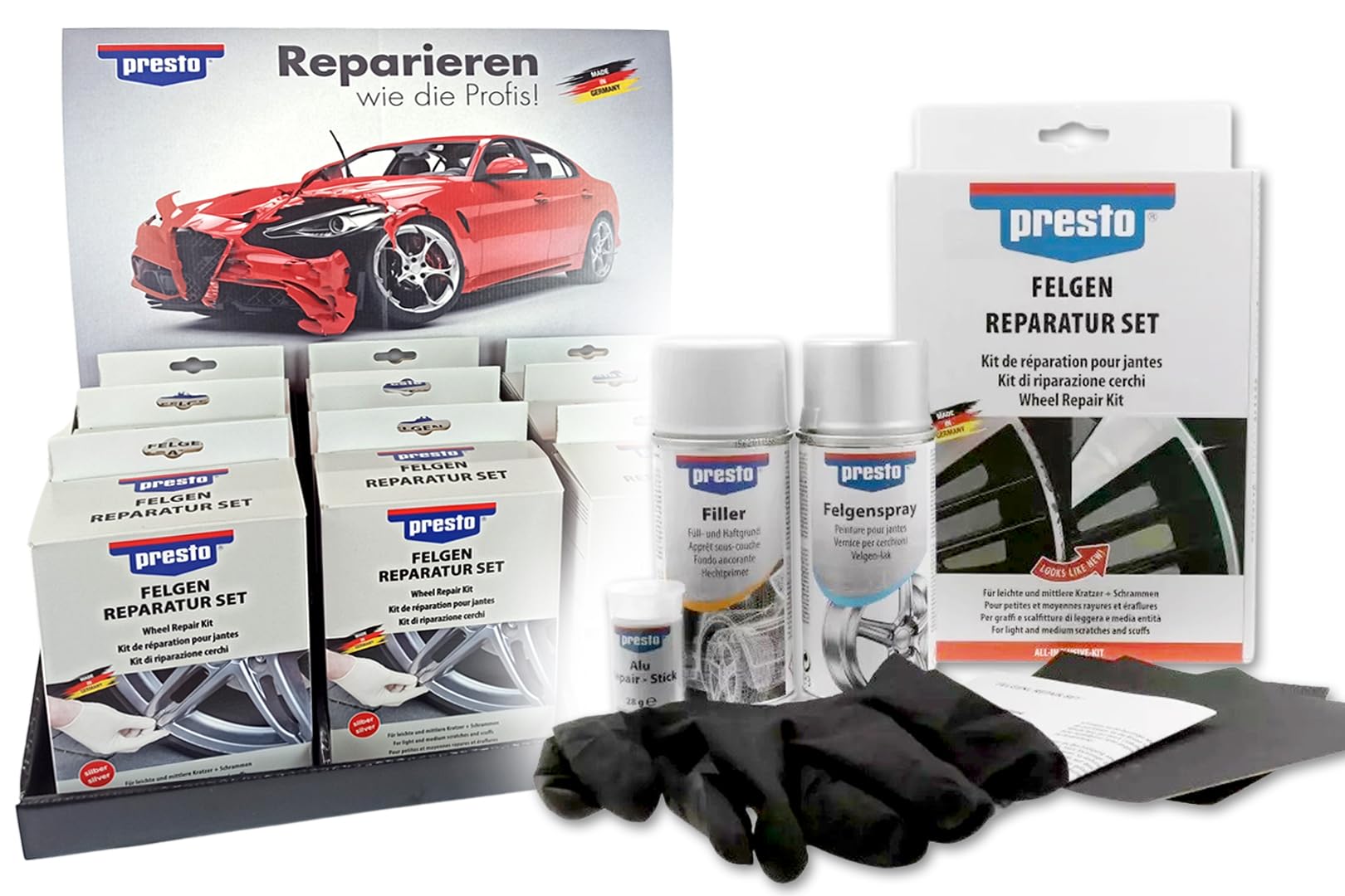 1 I 2 I 4 I 5 Felgen-Reparatur-Set Presto, Felgenaufbereitung, Felgenreparatur für leichte und mittlere Kratzer Bordsteinkratzer Schrammen kleine Steinschläge (1)