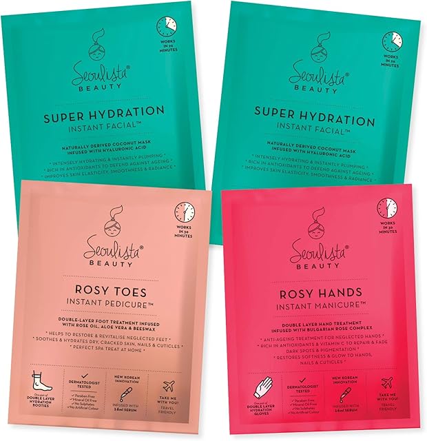 Seoulista Beauty Dry & Dehydrated Instant Facial Multi Pack - Beauty Facial Mask - Contains Super Hydration, Rosy Toes Pedicure, Rosy Hands Manicure - Vegan & Cruelty-Free