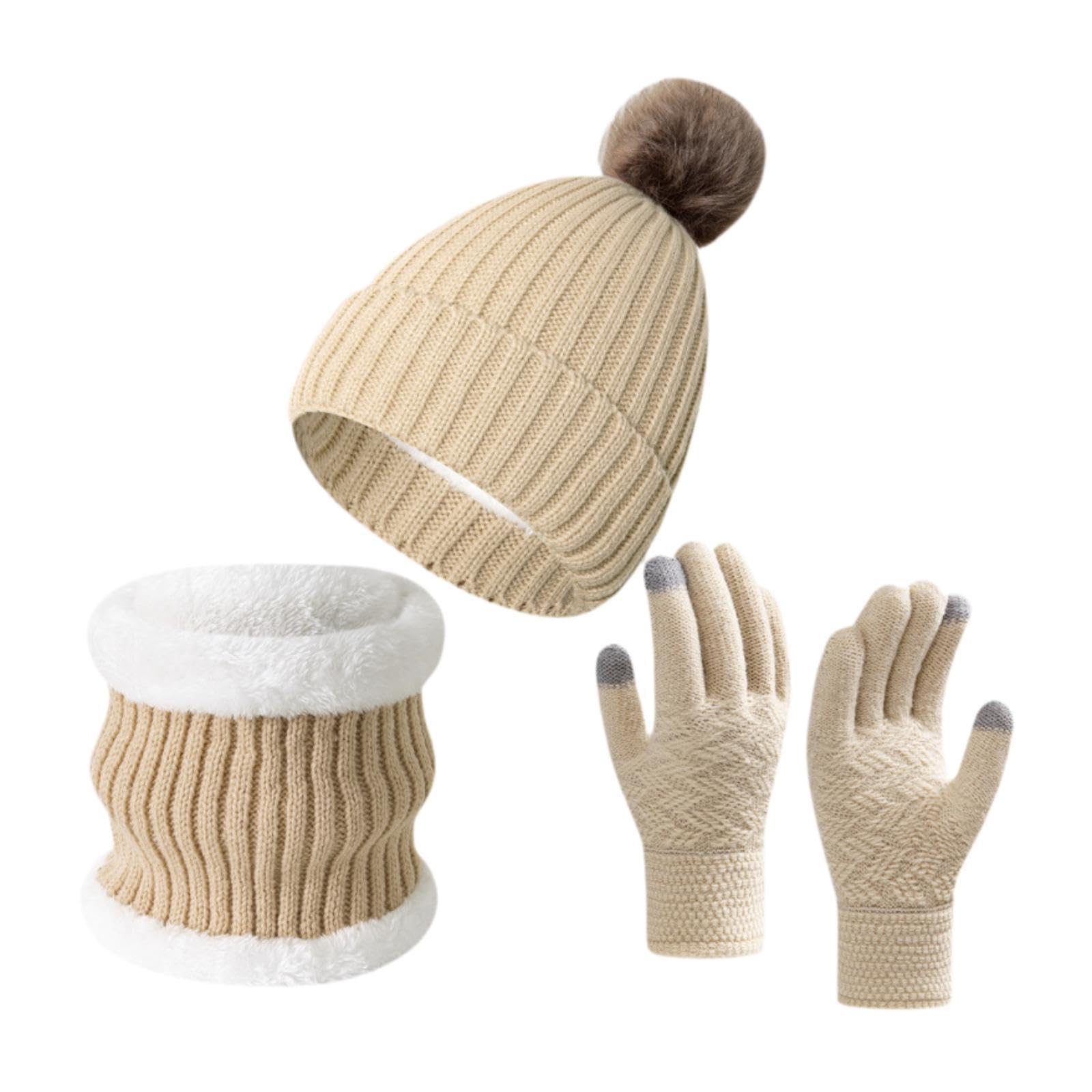 Winter Hat Scarf Gloves Set Winter Cap Neck Warmer for Running Skiing Hiking Beige-image-32