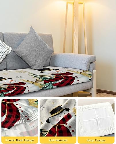 Miniatura 4 de Christmas Couch Cushion Covers, Stretch Sofa Cover with Elastic Bottom, Winter Snowman Snowflake Green Yellow Xmas Tree Sofa Slipcovers Protector