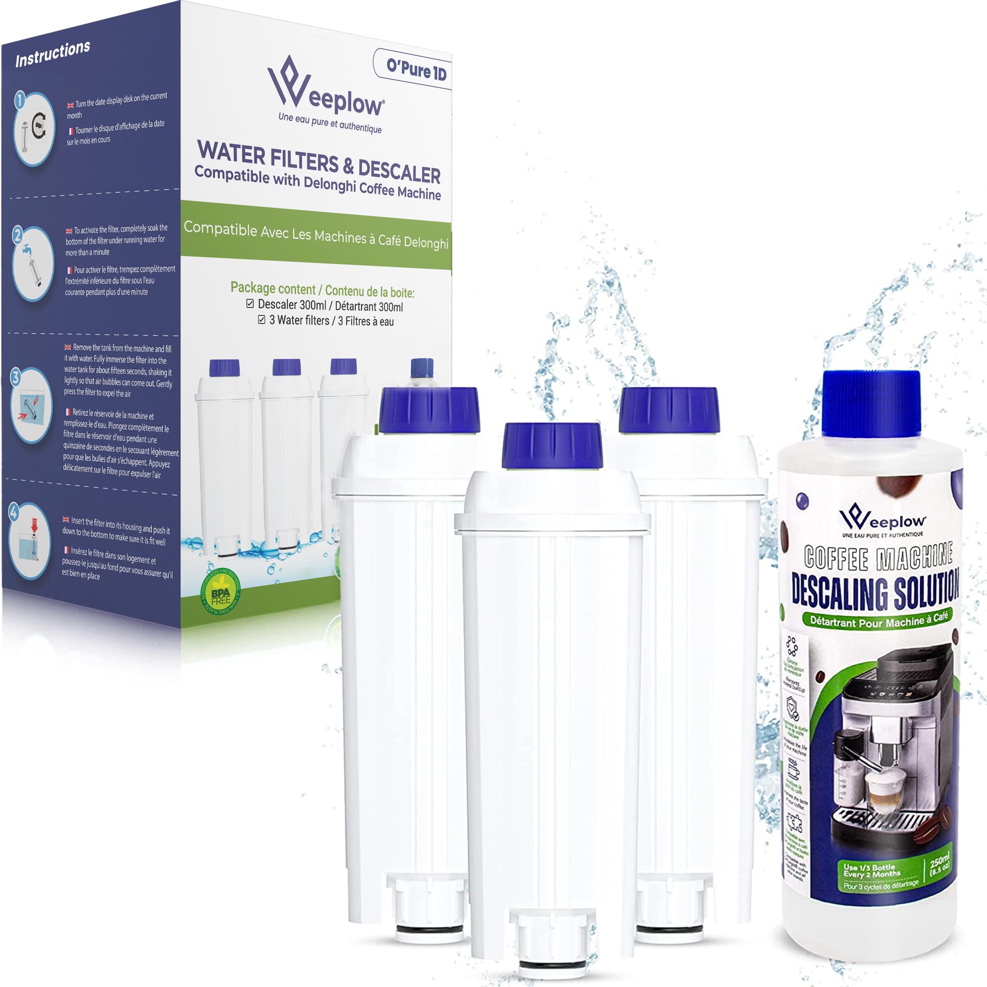 Weeplow® - 3 Filtros de Agua + 1 Descalcificador Compatible con Cafetera DeLonghi Magnifica, Dinamica, Eletta, Autentica, DLSC002 y todas las Series ECAM ESAM ETAM [VENDEDOR FRANCÉS]