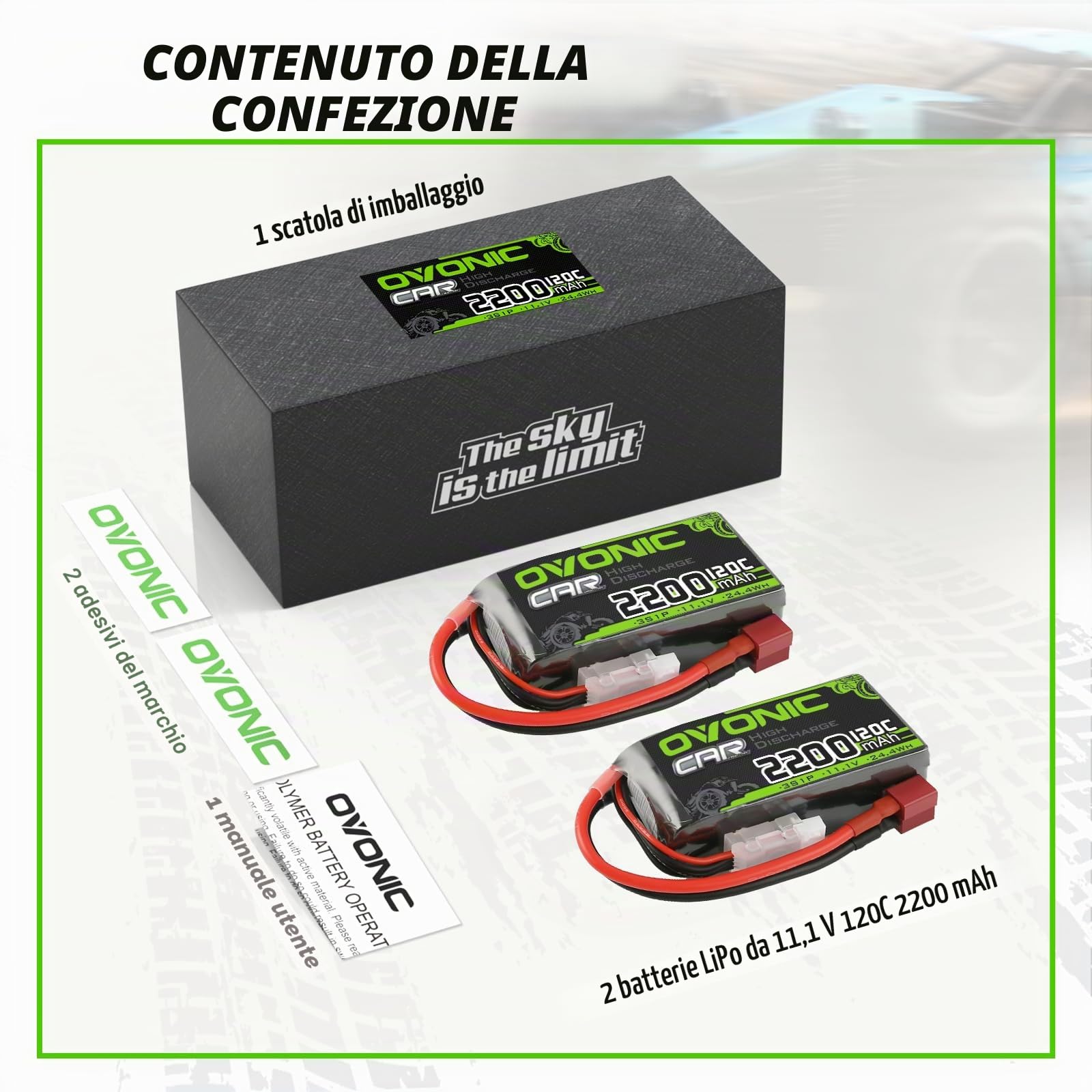 OVONIC Batteria Lipo da 3 s, 11,1 V, 120 C, 2200 mAh, con spina Deans per elicottero aereo, specifica per aereo RC Car RC (2 confezioni)