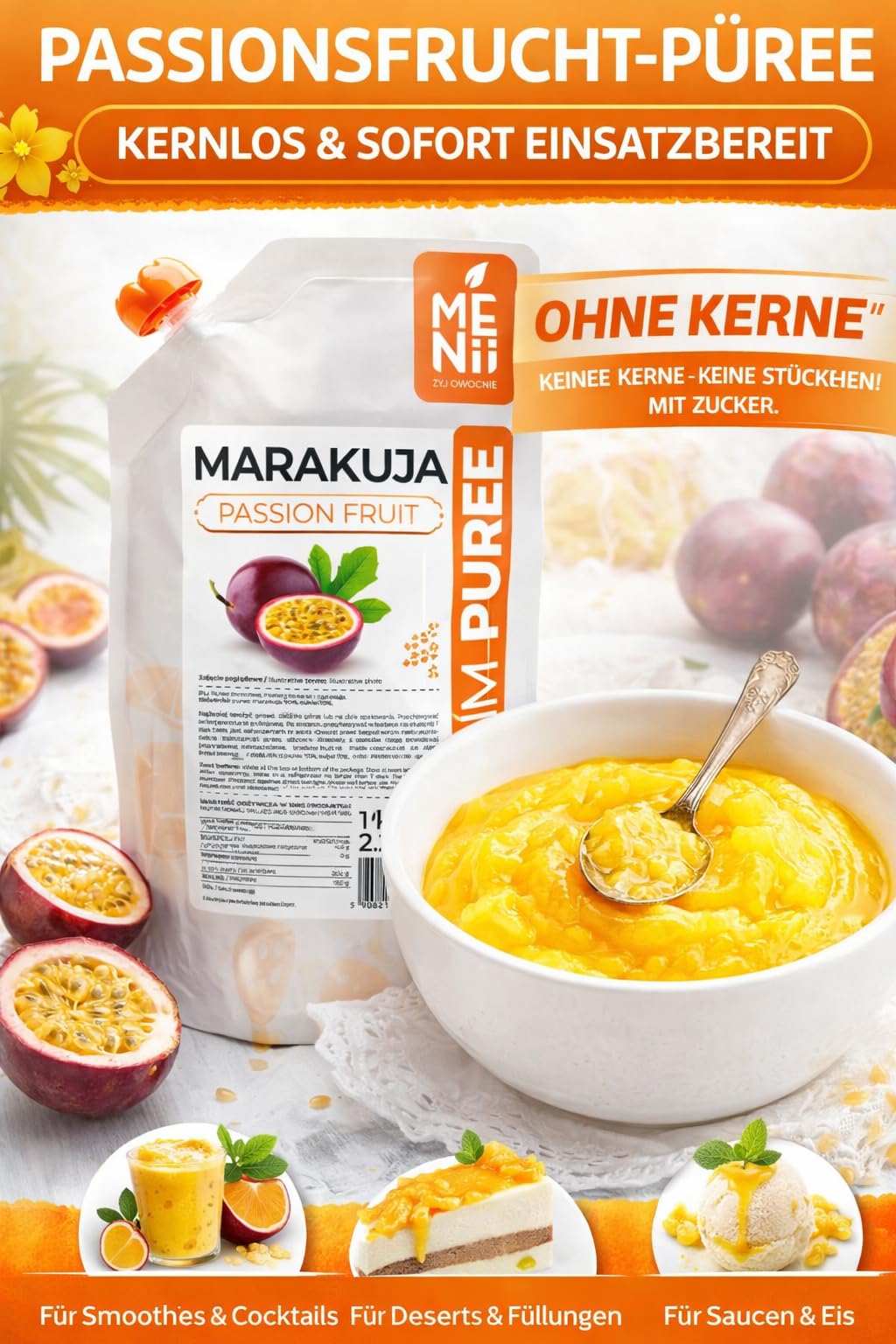 Puré de Maracuyá 1 kg – Fruta de la Pasión para Smoothies, Cócteles, Postres, Helados y Repostería – Sabor Tropical Intenso – Puré Premium