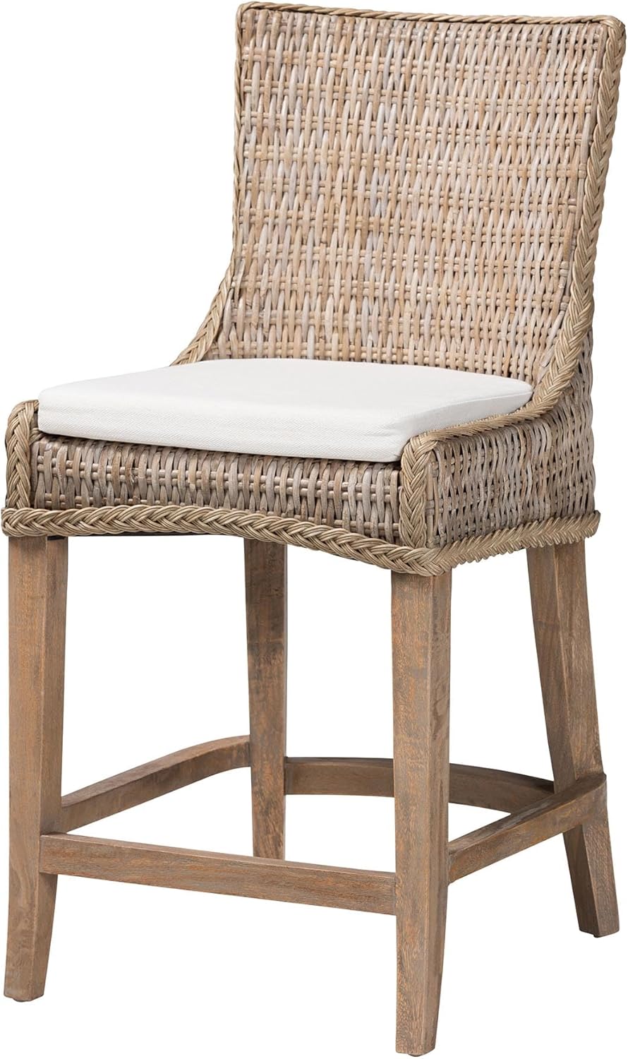 Bali & pari Derris Natural Rattan Counter Stool with Cushion - Tall Wingback Stool with Solid Mango Wood Legs and Footrest, Boho Coastal Style for Kitchen Island or Dining Area Seating, Greywashed