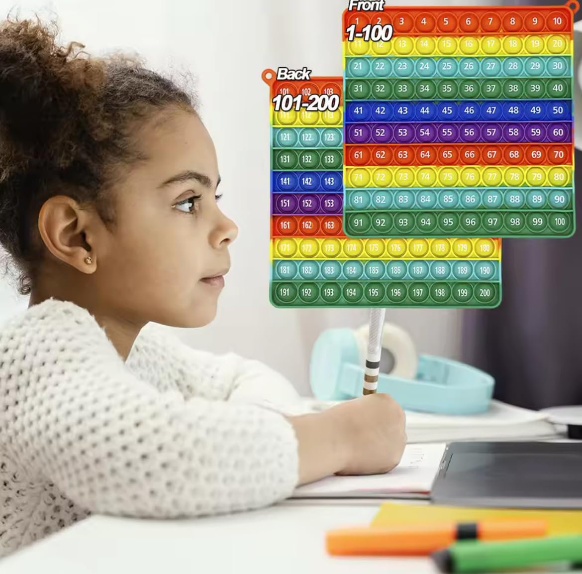 Ranzah Pop Fidget Toy 1-200 Numbers Math Chart Push Pop Sensory Bubble Popper School Toy for Kids Squeeze Learning Toy ADHD Stress Anxiety Relief Travel Gift Toy Montessori Squishy Toddler Toy - Image 4