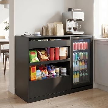 Snack Bar Cabinet with Fridge Space, Mini Fridge Cabinet with Storage, Coffee Bar Cabinet with Drawer, Power Outlets, Snack Organizer for Home, Movie Room, Game Room, 51.2L, Black