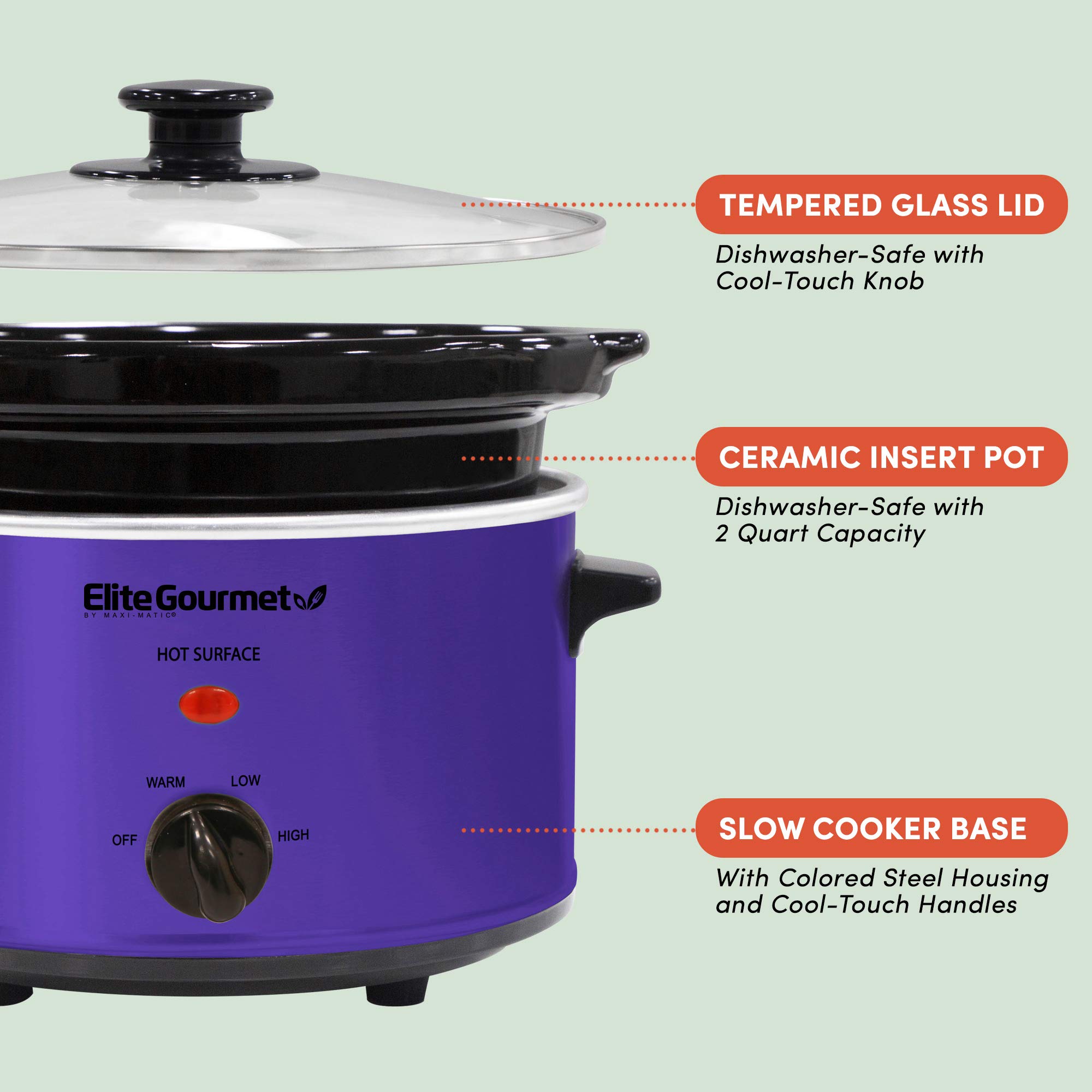 Elite Gourmet MST-275XP Olla eléctrica de cocción lenta, 1.8 L, morado, temperatura ajustable, apta para lavavajillas