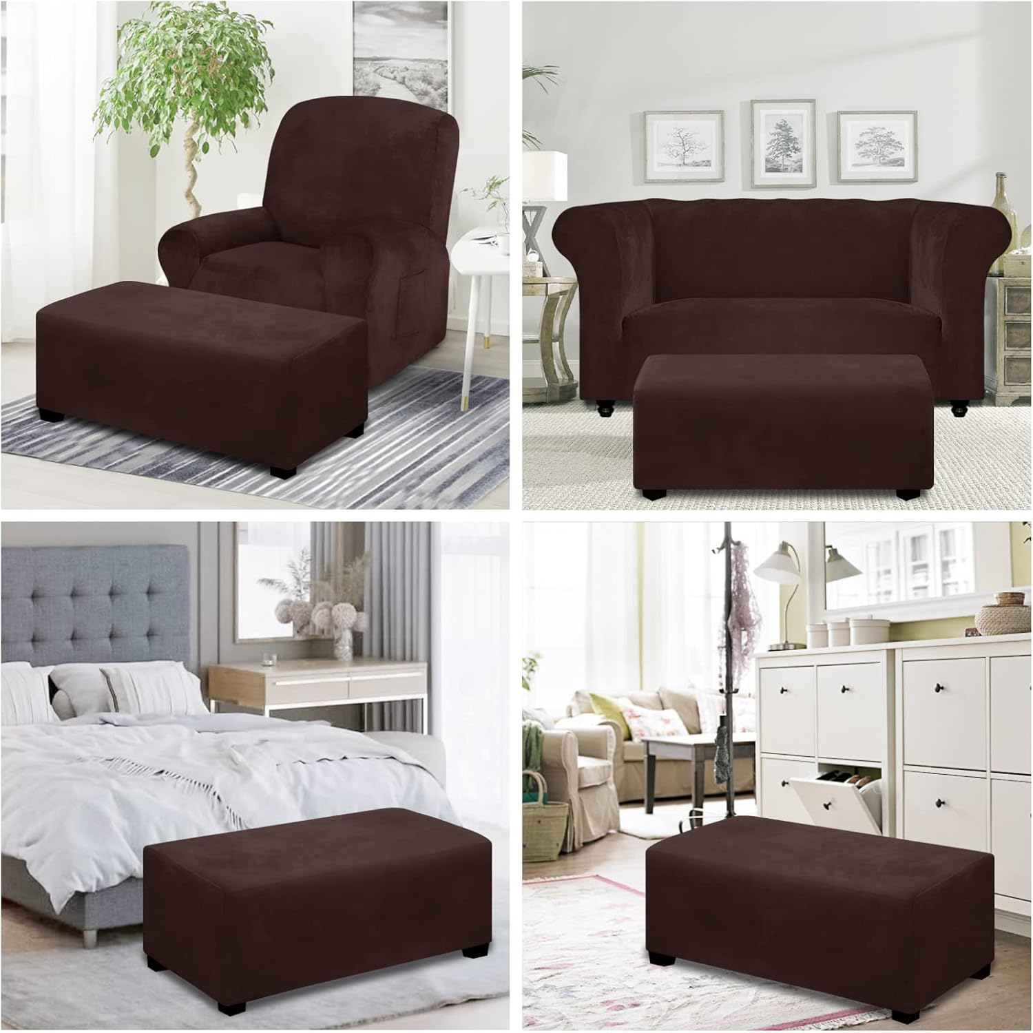 Easy-Going Velvet Stretch Ottoman Cover Rectangle Folding Storage Slipcovers Footstool Protect Footrest Covers with Elastic Bottom Brown Ottoman L