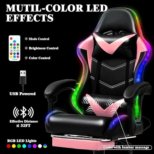 Miniatura 3 de Silla de Juegos con Luces LED RGB de Estilo Carrera, Sillas de Juego para Adultos y Niños, Silla Gamer con Masaje Lumbar, Silla de Computadora de